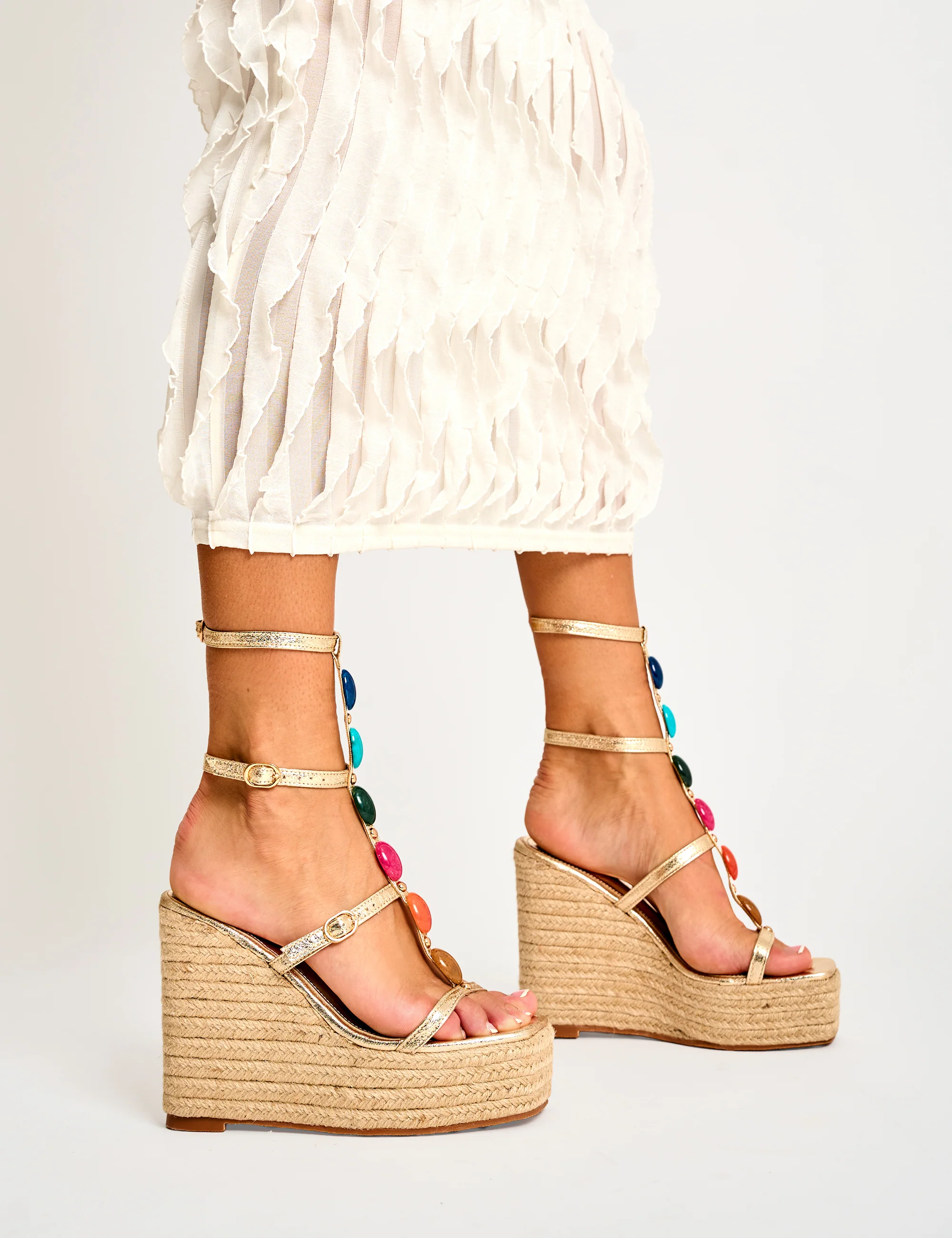 Iliana Cracked Gold Pu Beaded Trim Strappy Jute Wedges - Image 5