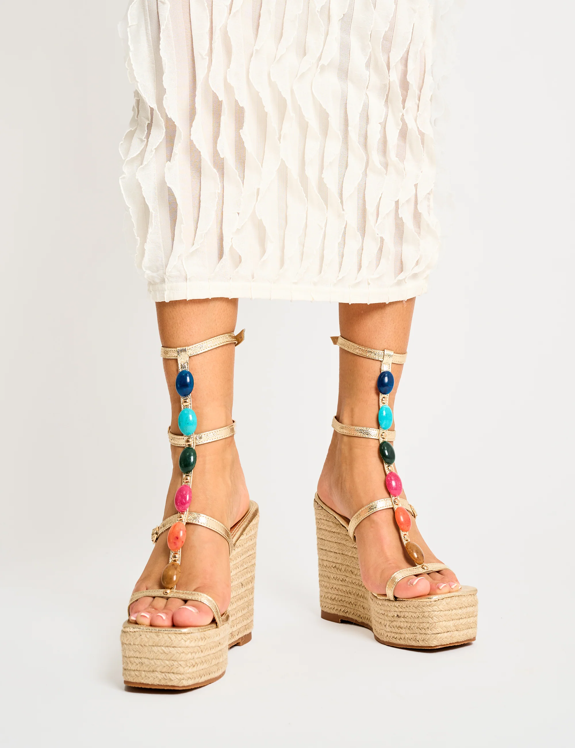 Iliana Cracked Gold Pu Beaded Trim Strappy Jute Wedges - Image 7