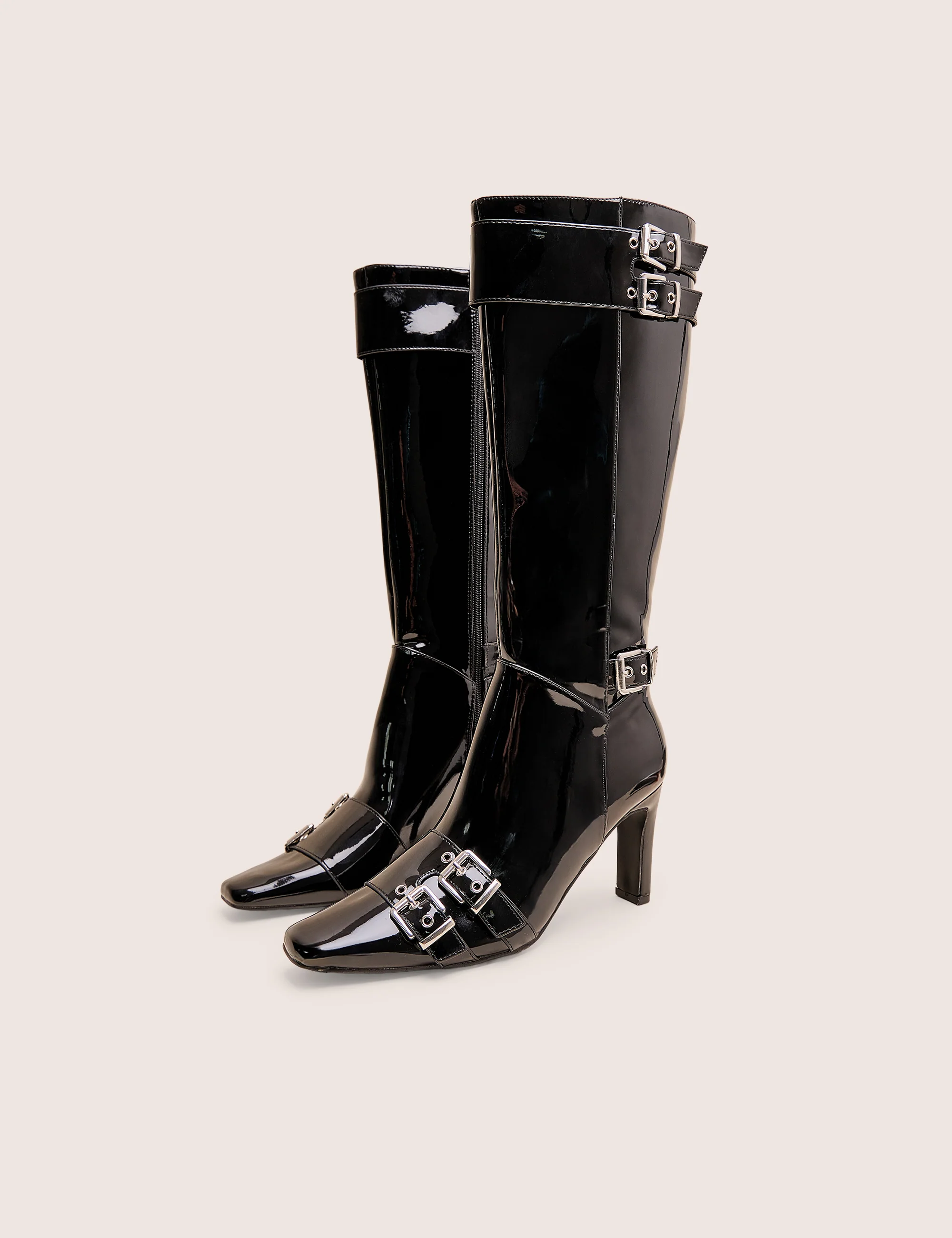 Ines Black Patent Buckle Detail Knee High Heeled Boots - Image 2