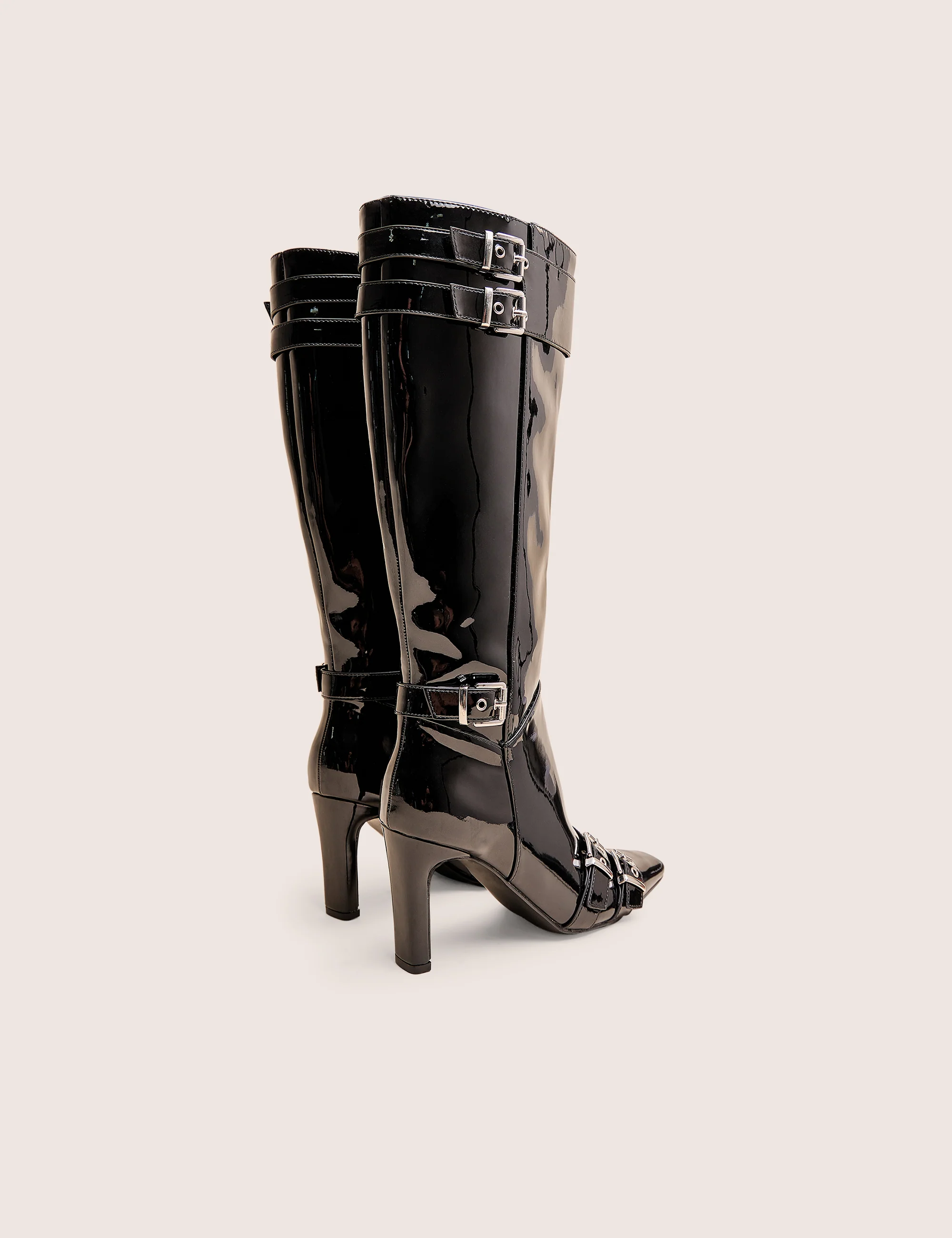 Ines Black Patent Buckle Detail Knee High Heeled Boots - Image 3