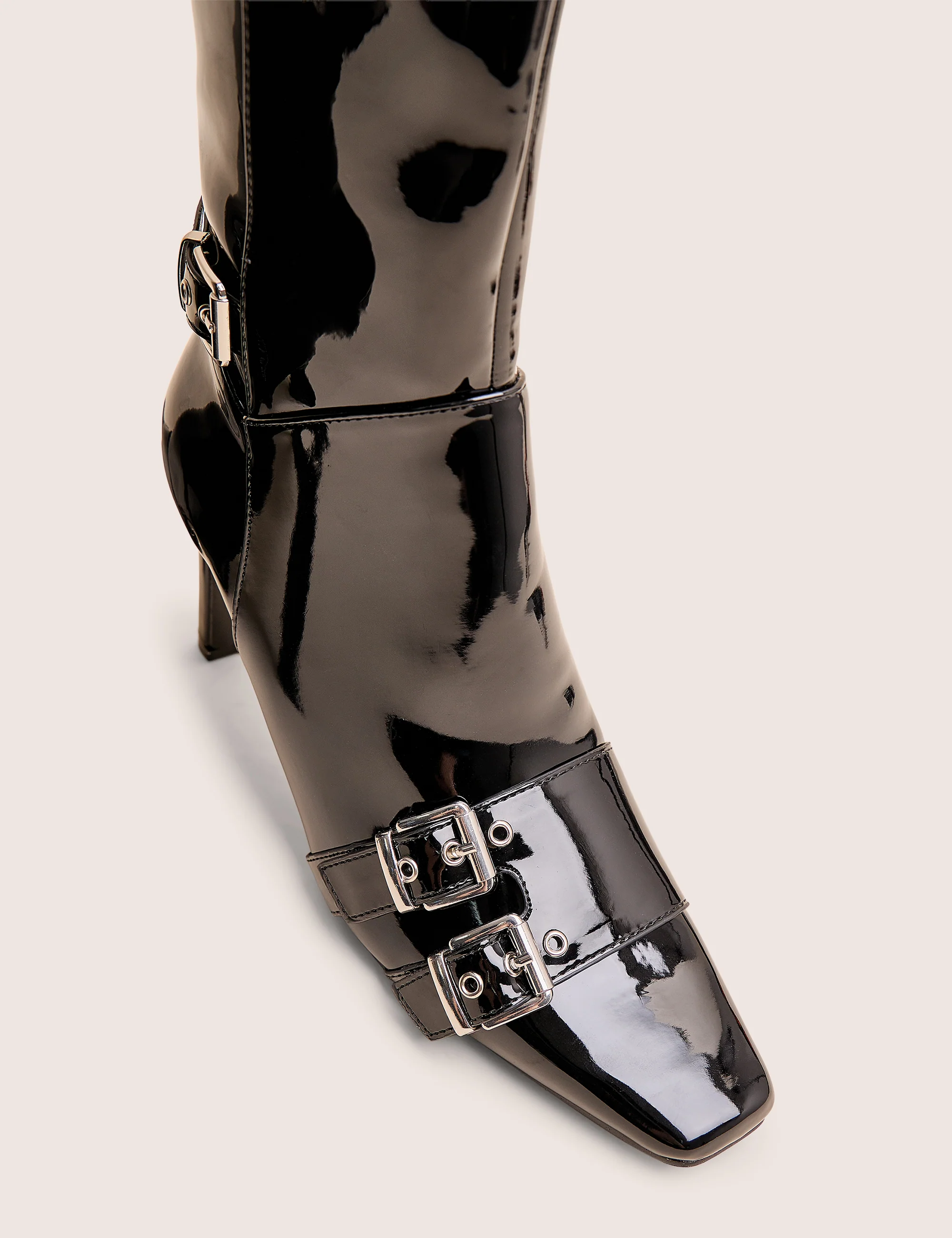 Ines Black Patent Buckle Detail Knee High Heeled Boots - Image 4