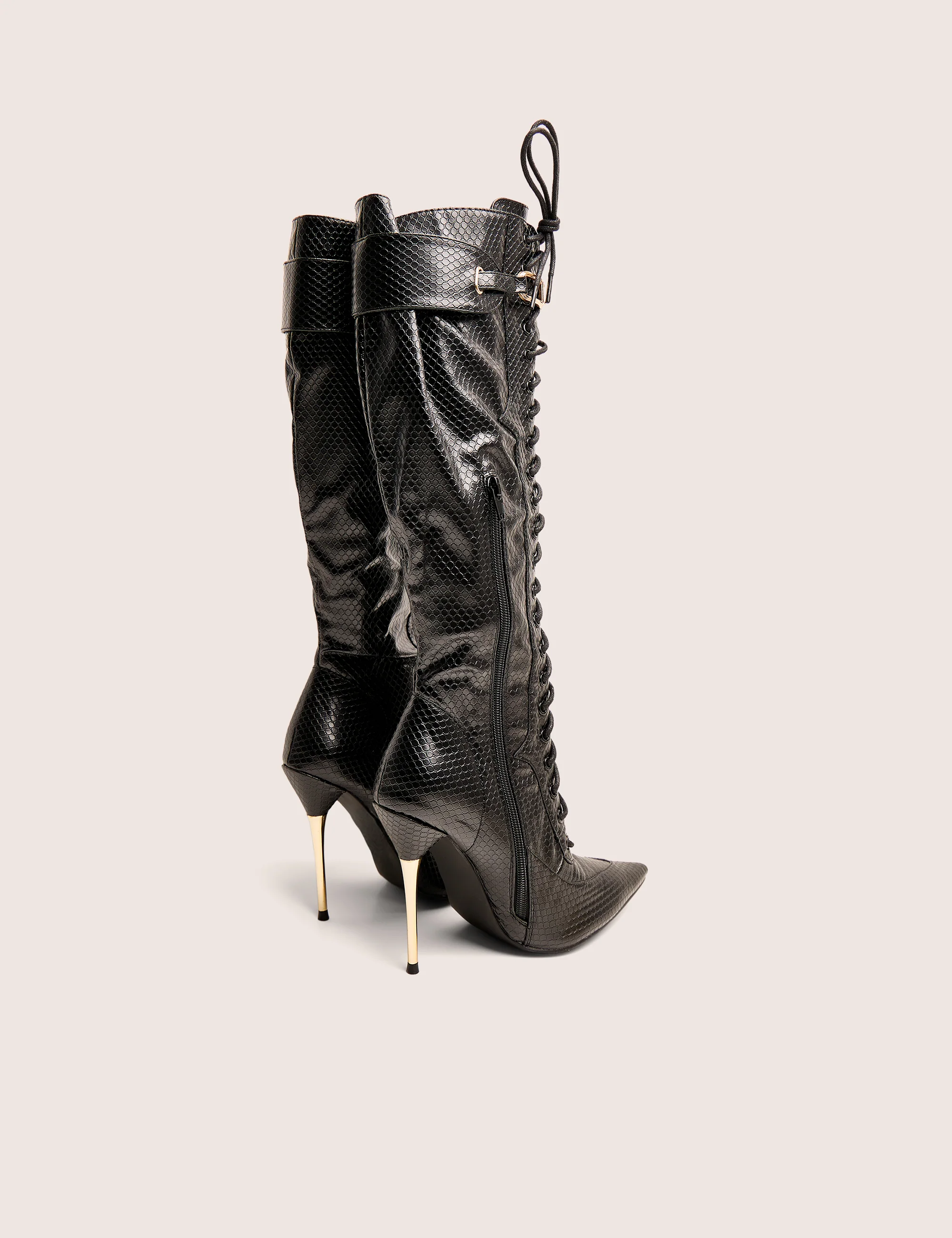 Infatuated Black Croc Lace Up Buckle Feature Stiletto Knee High Boots - Image 3