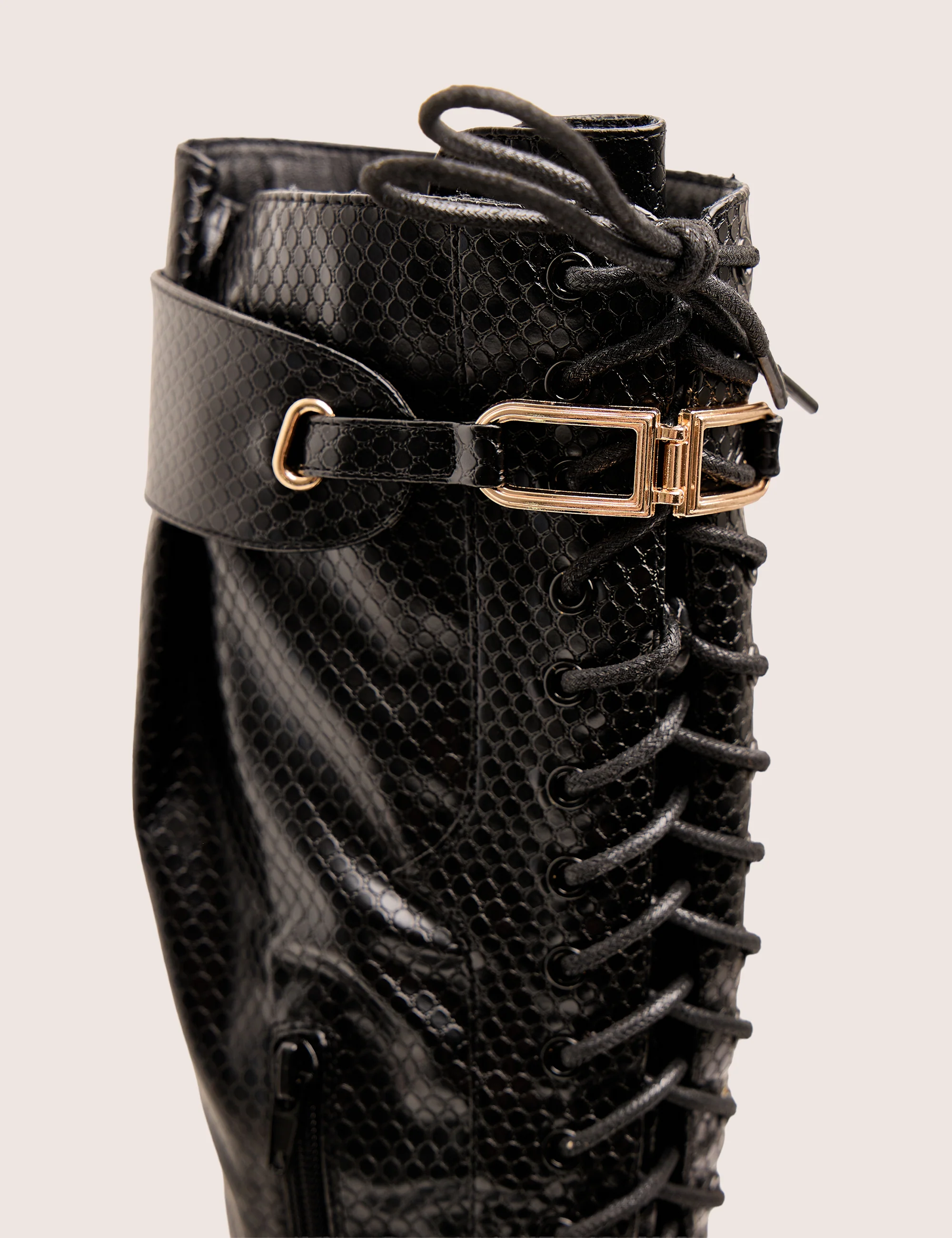 Infatuated Black Croc Lace Up Buckle Feature Stiletto Knee High Boots - Image 4