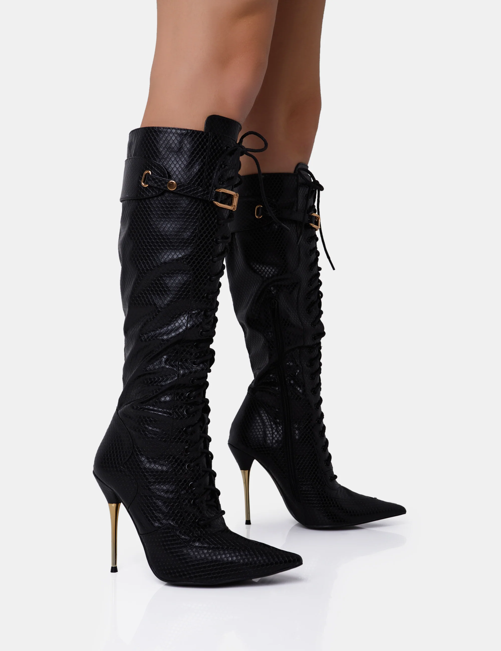 Infatuated Black Croc Lace Up Buckle Feature Stiletto Knee High Boots - Image 5