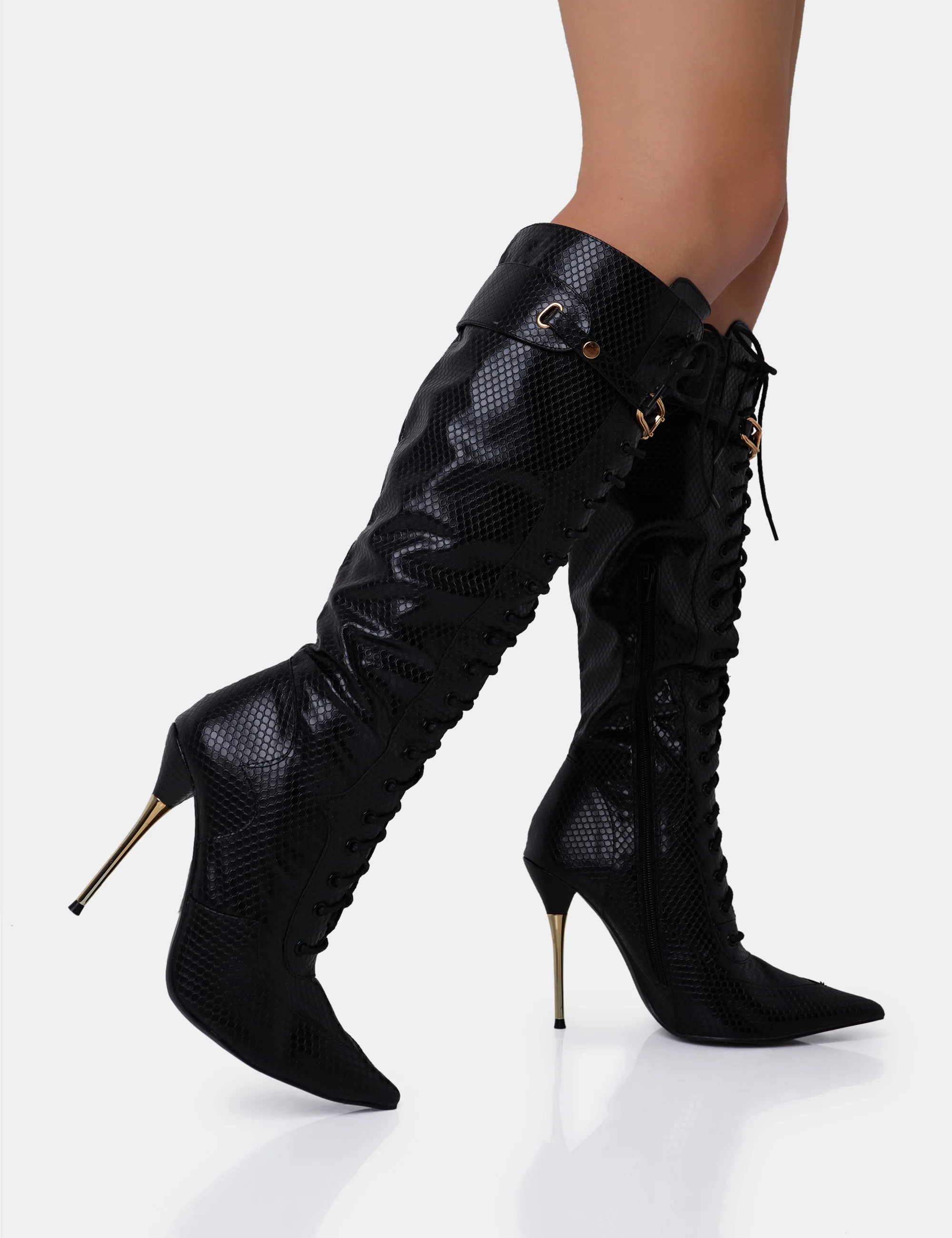 Infatuated Black Croc Lace Up Buckle Feature Stiletto Knee High Boots - Image 6