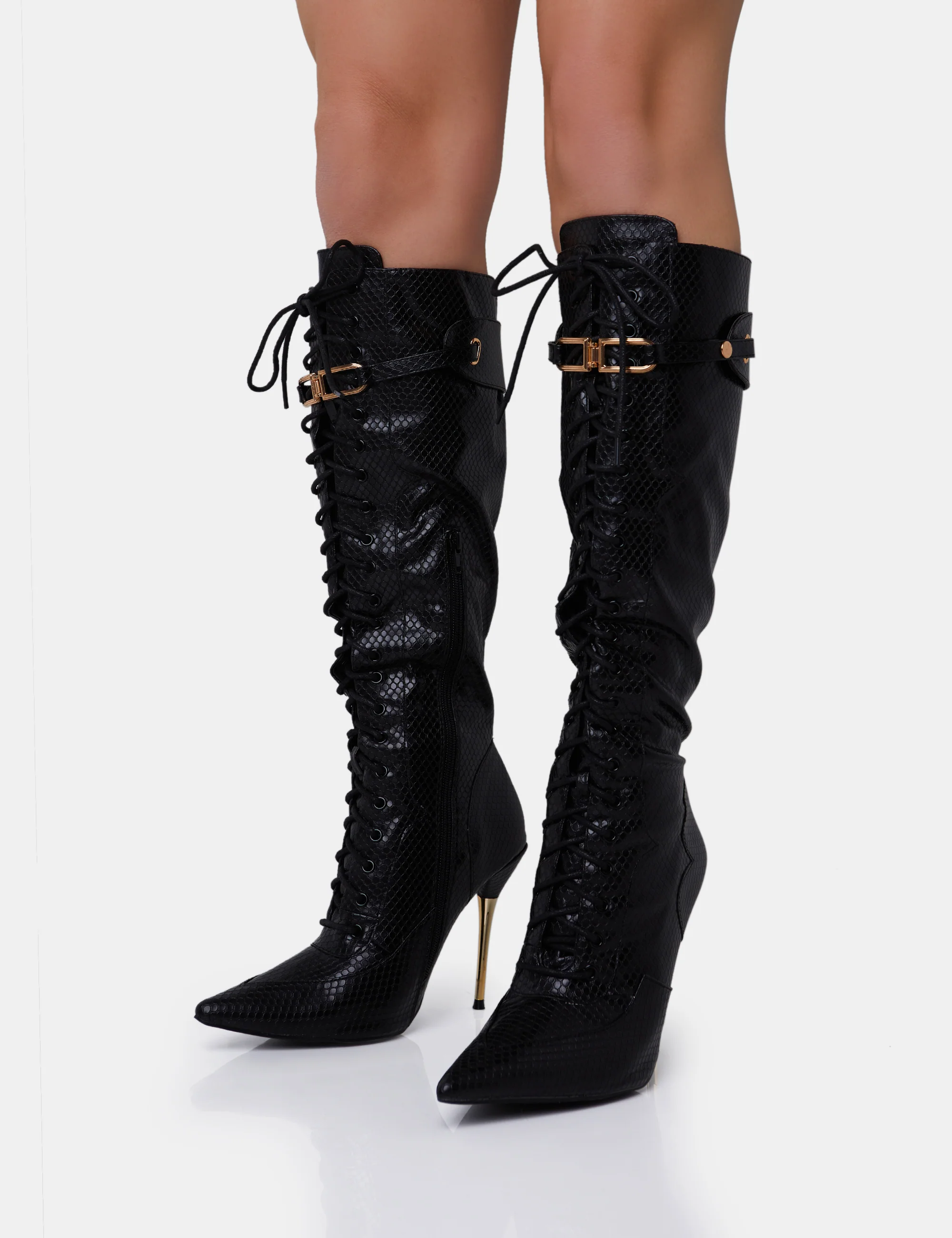 Infatuated Black Croc Lace Up Buckle Feature Stiletto Knee High Boots - Image 7