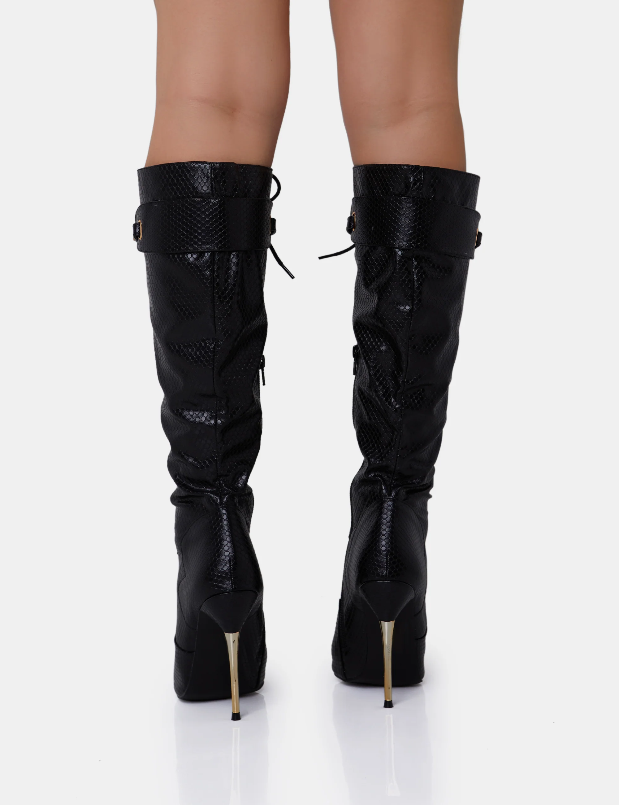 Infatuated Black Croc Lace Up Buckle Feature Stiletto Knee High Boots - Image 8