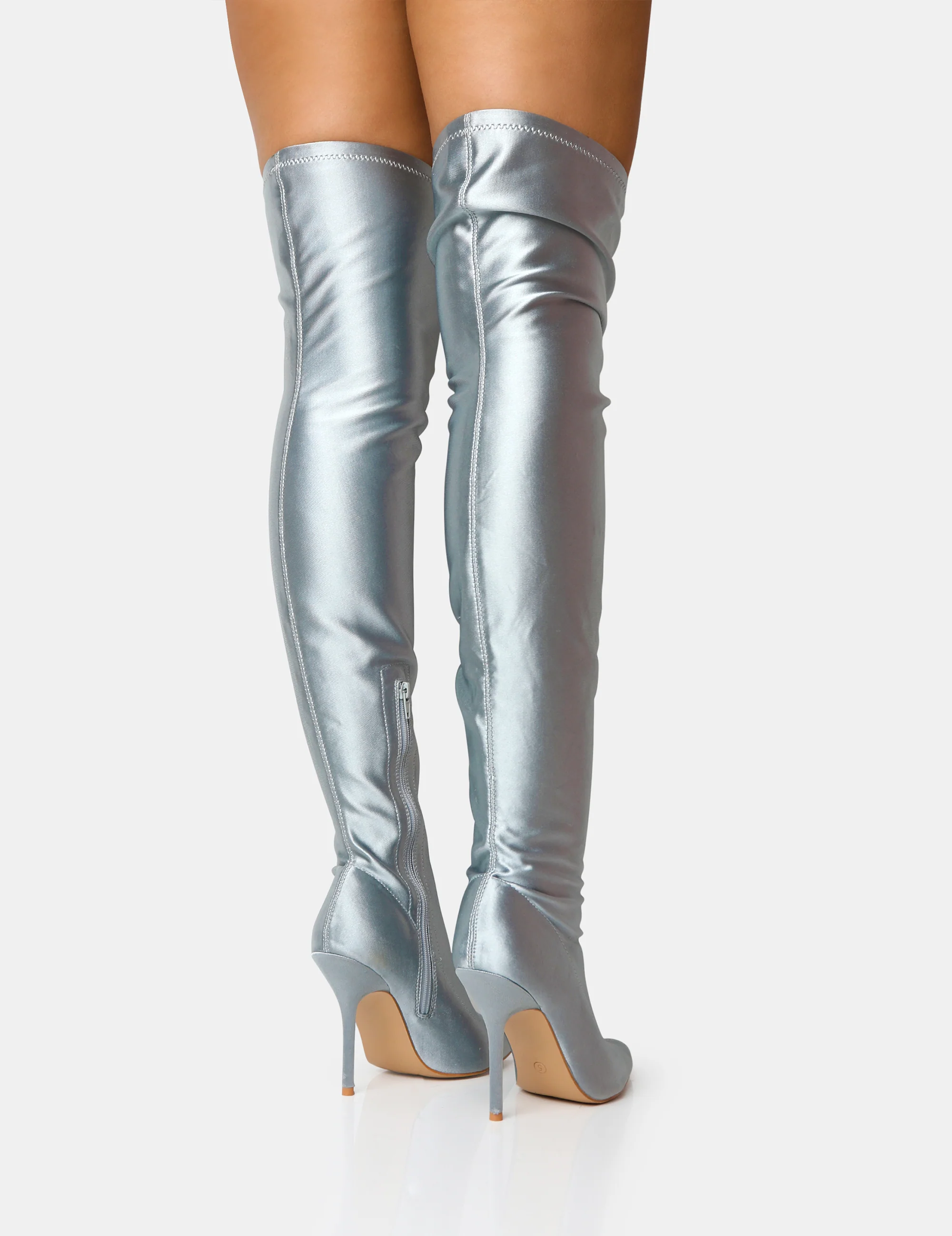 Instinct Silver Lycra Pointed Toe Stiletto Over The Knee Boots - Image 3