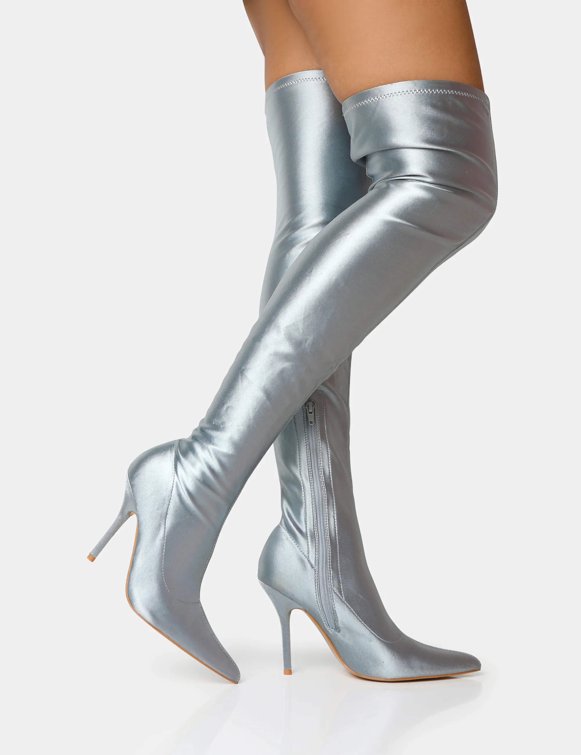 Instinct Silver Lycra Pointed Toe Stiletto Over The Knee Boots - Image 4