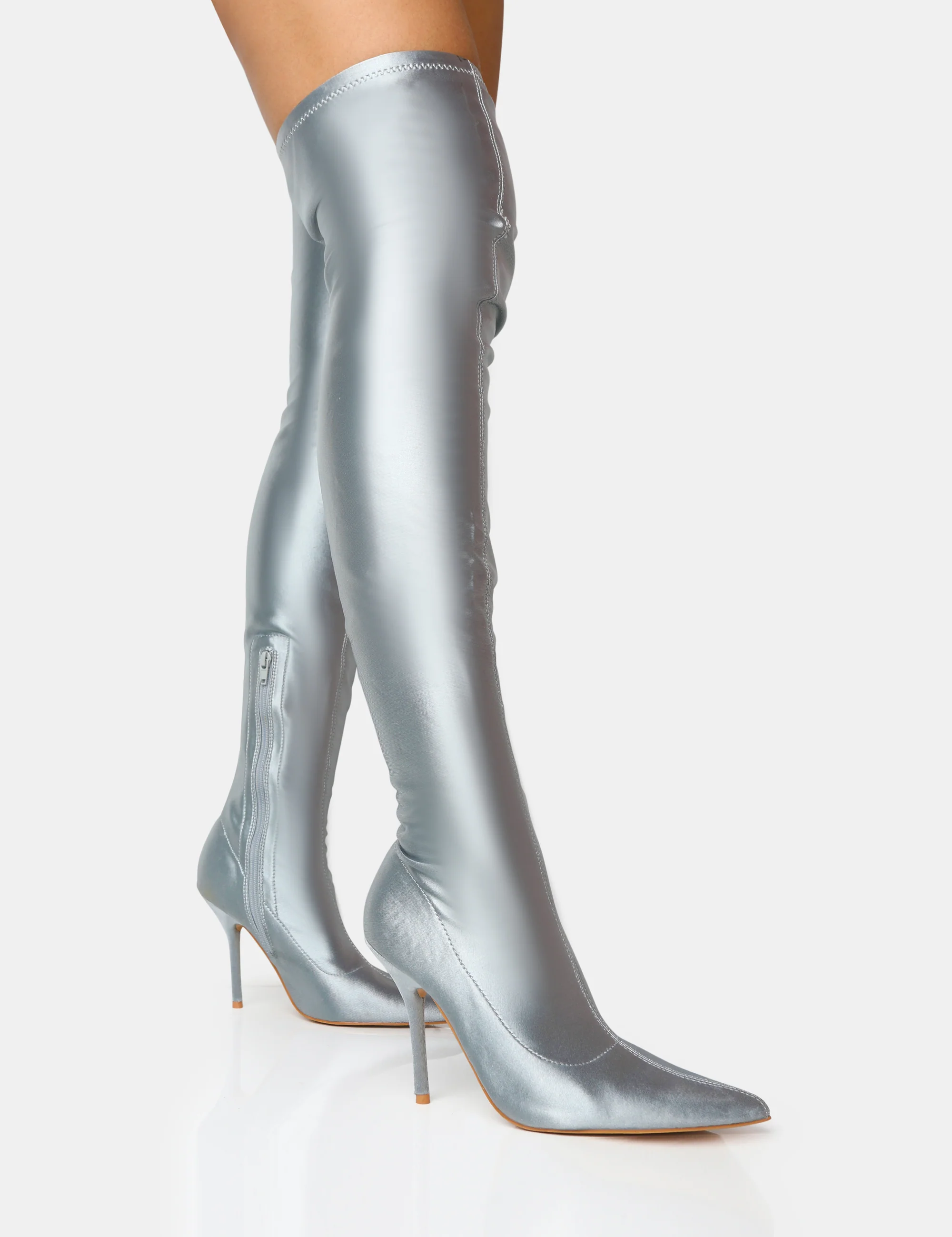 Instinct Silver Lycra Pointed Toe Stiletto Over The Knee Boots - Image 5