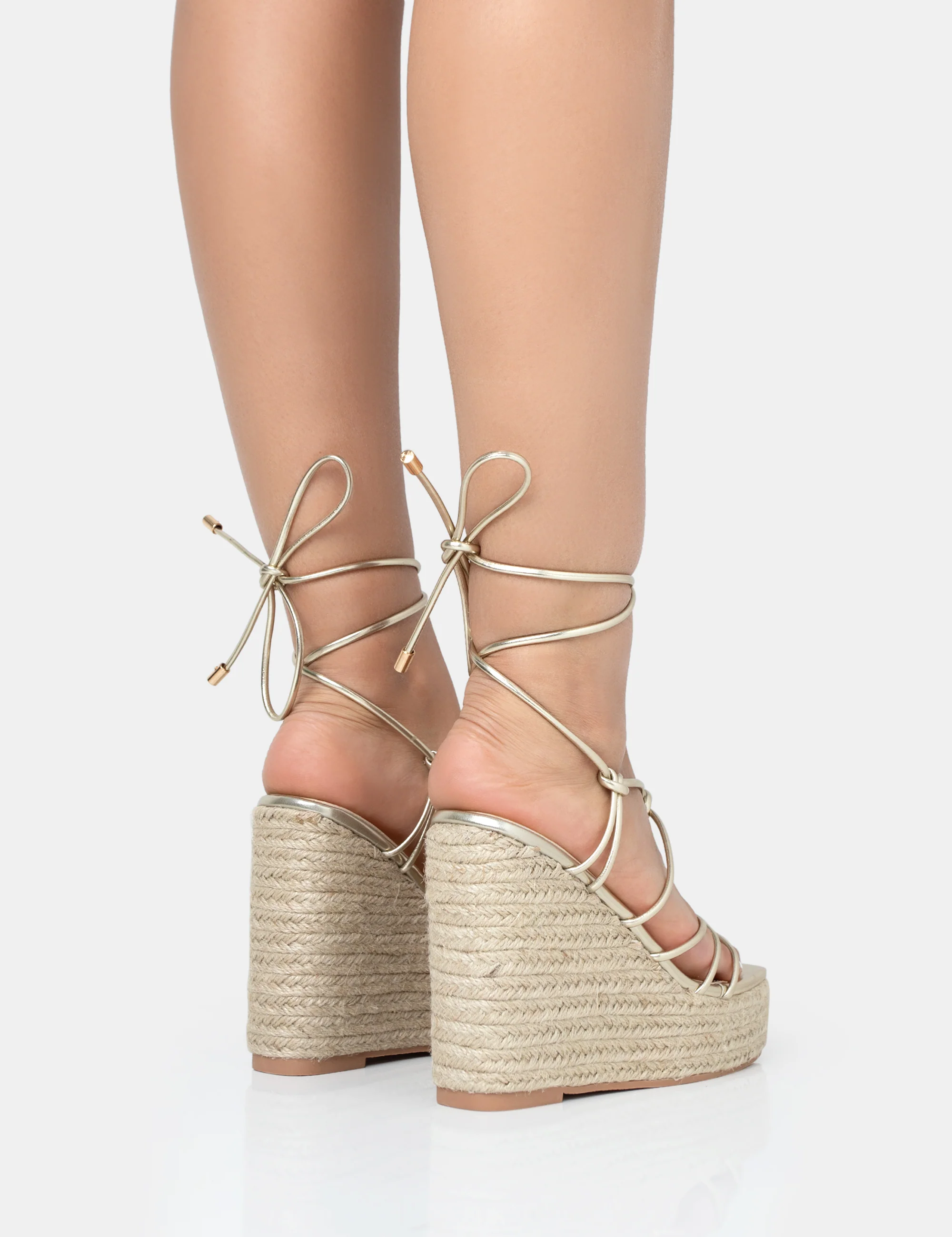 Islander Gold Lace Up Square Toe High Heeled Sandal Esparille Wedges - Image 4