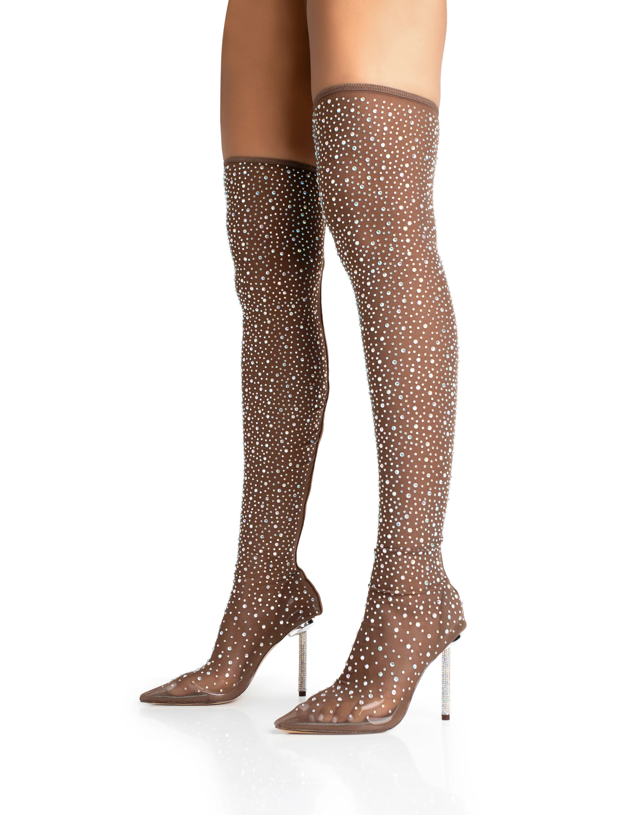 It Girl Nude Diamante Holographic Detailed Mesh Stiletto Boot Heels - Image 4