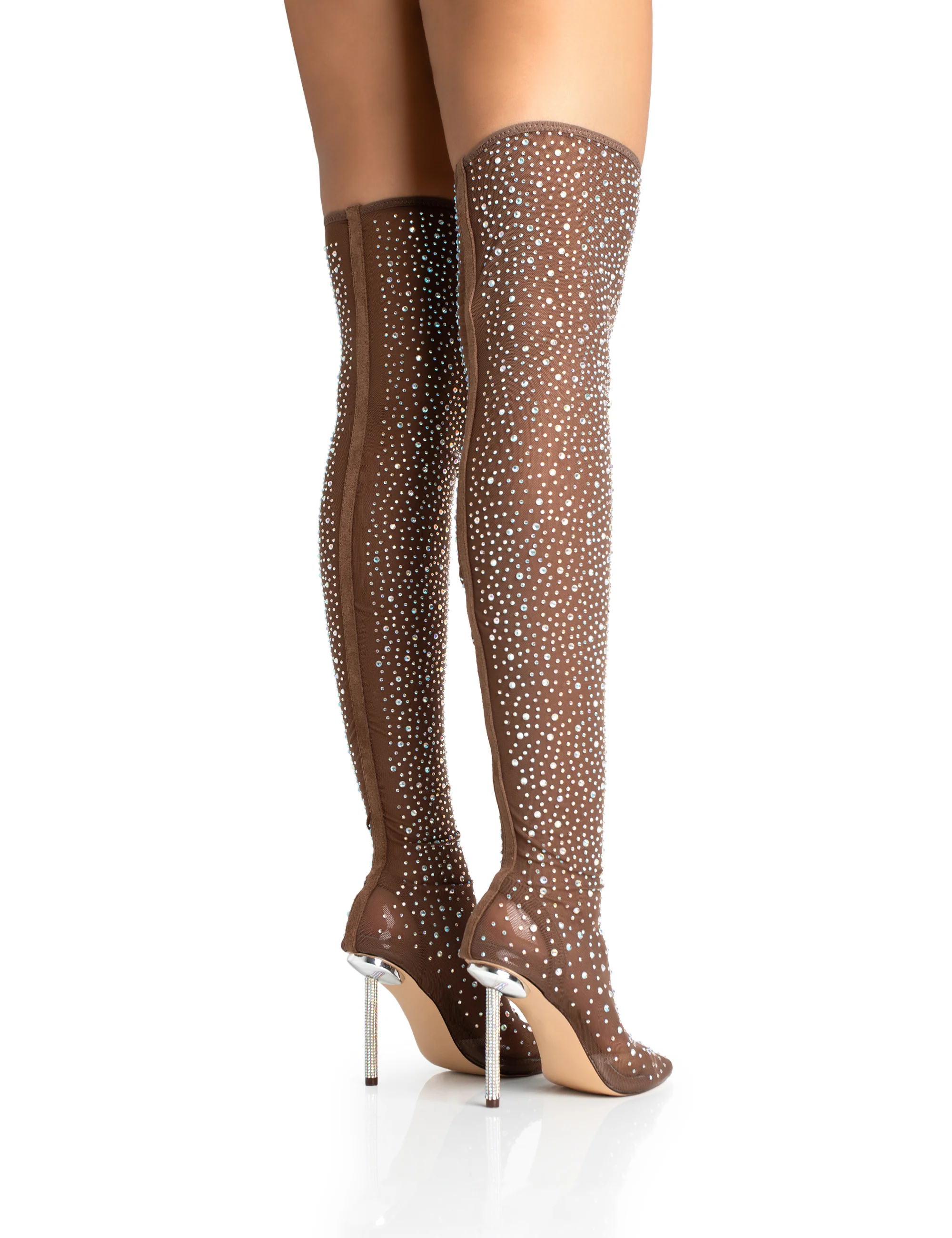 It Girl Nude Diamante Holographic Detailed Mesh Stiletto Boot Heels - Image 5