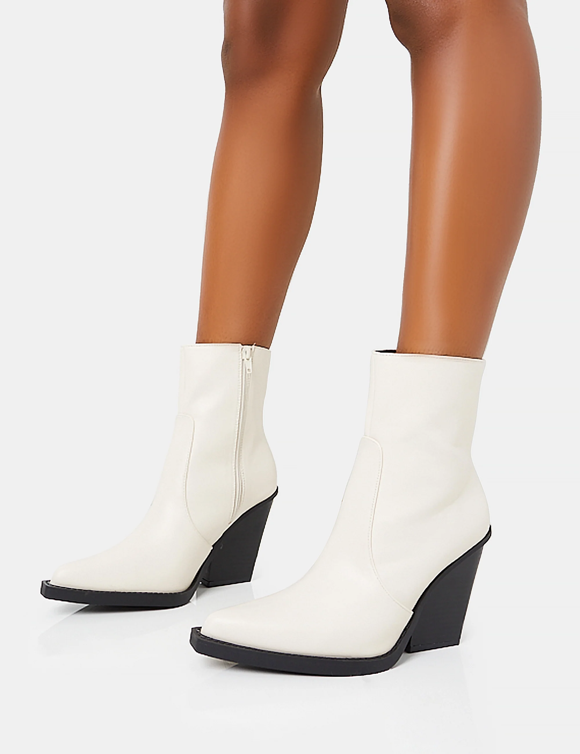 Jessie Wide Fit White Pu Western Pointed Toe Block Heeled Ankle Boots - Image 7