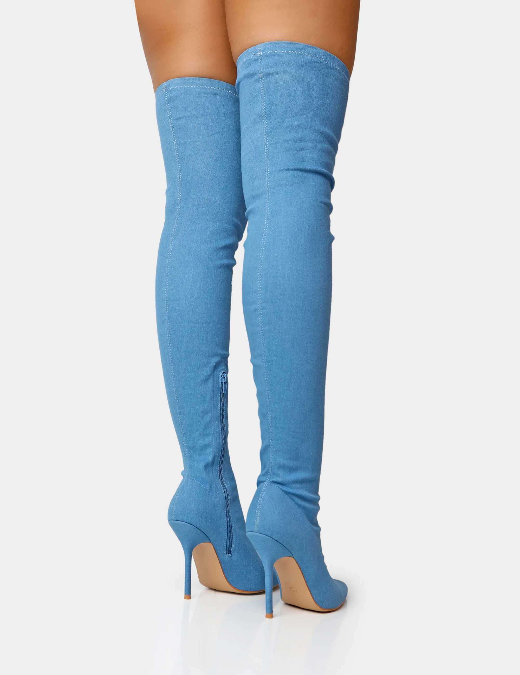 Jodie Blue Denim Seam Detail Pointed Toe Stiletto Over The Knee Boots - Image 2