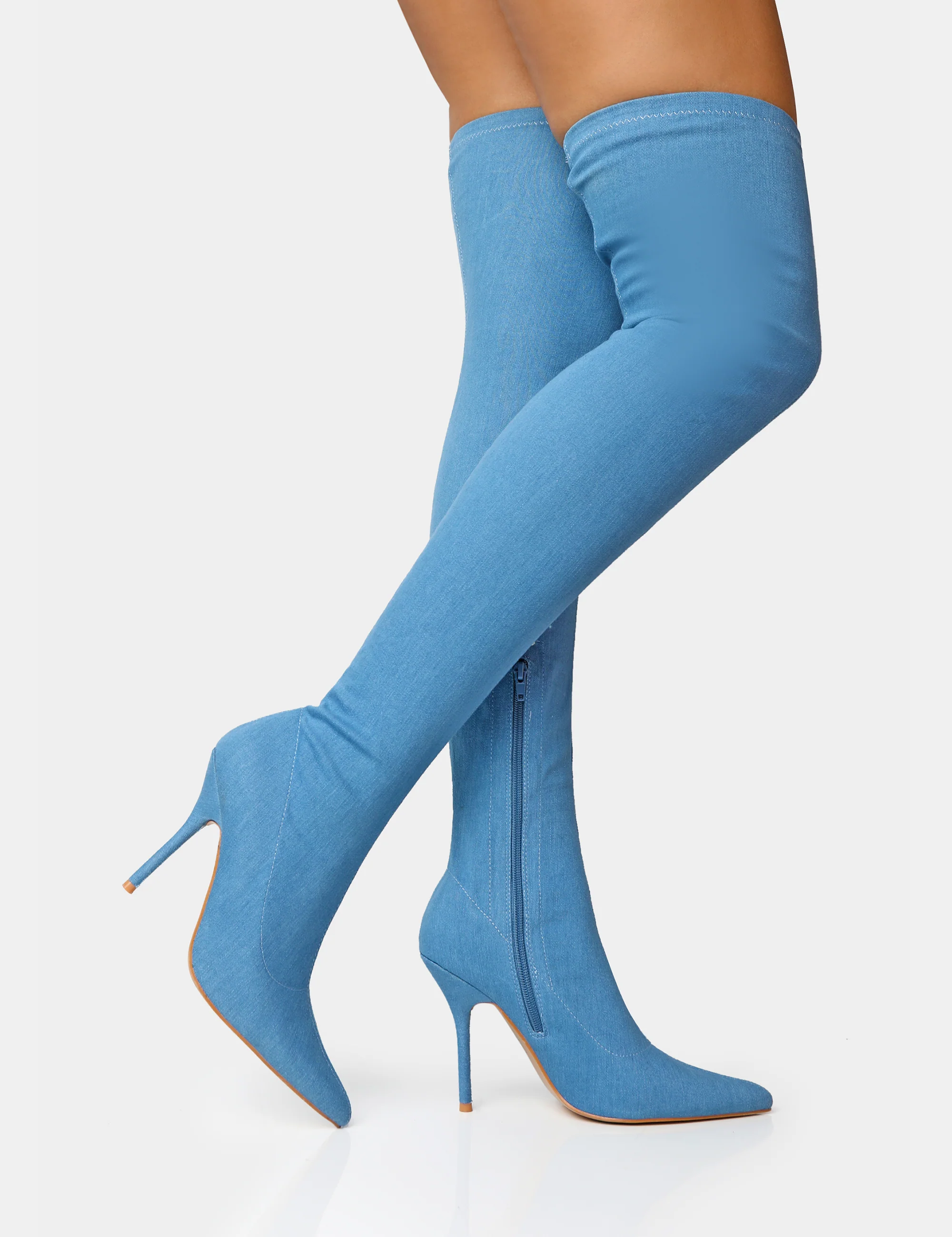 Jodie Blue Denim Seam Detail Pointed Toe Stiletto Over The Knee Boots - Image 3