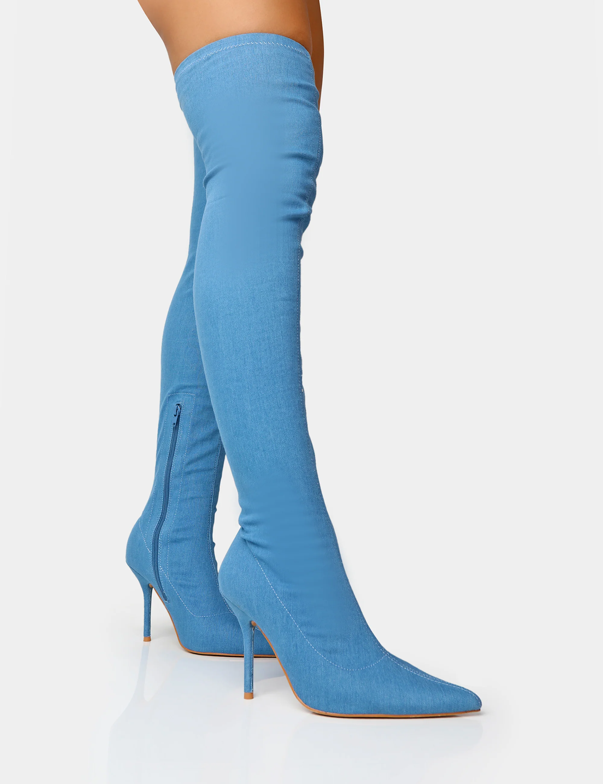 Jodie Blue Denim Seam Detail Pointed Toe Stiletto Over The Knee Boots - Image 4
