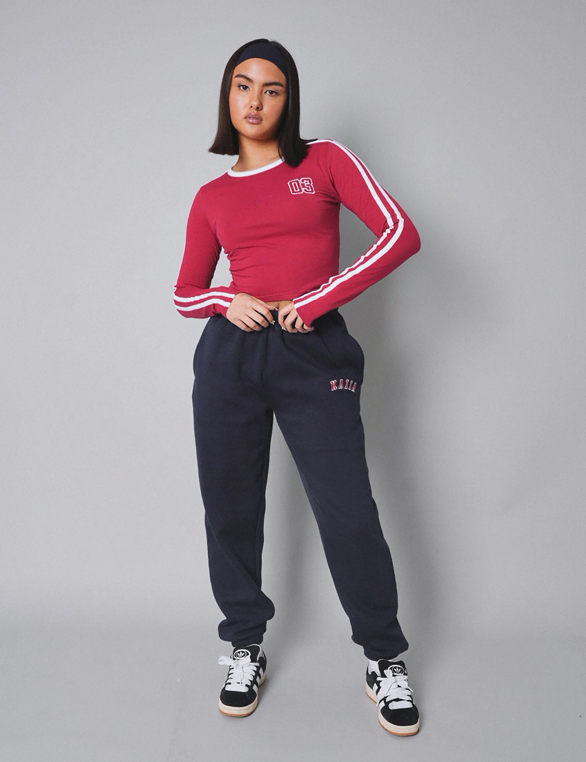 Kaiia Sporty Long Sleeve Tee with Contrast Binding in Red and White - Image 3