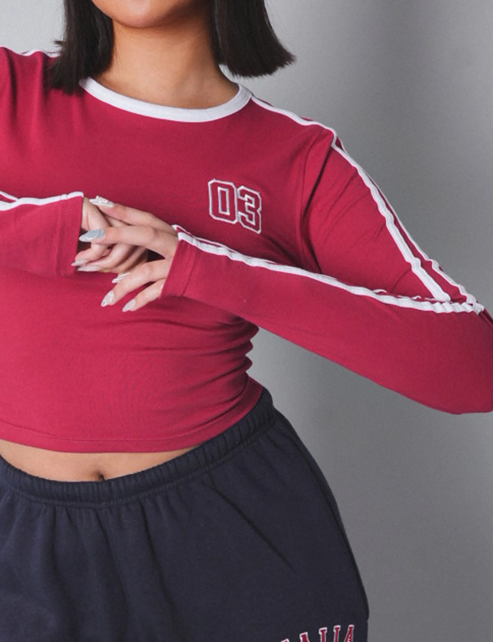 Kaiia Sporty Long Sleeve Tee with Contrast Binding in Red and White - Image 4