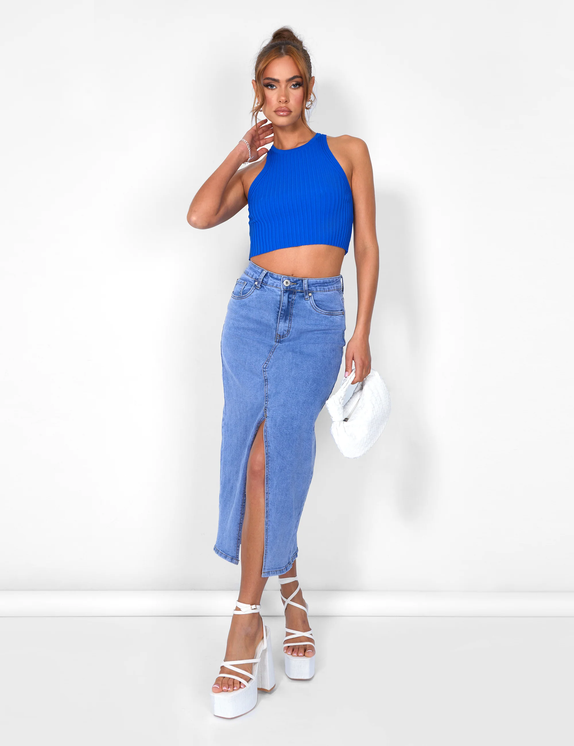 Knitted Ribbed Racer Top Cobalt Blue - Image 2