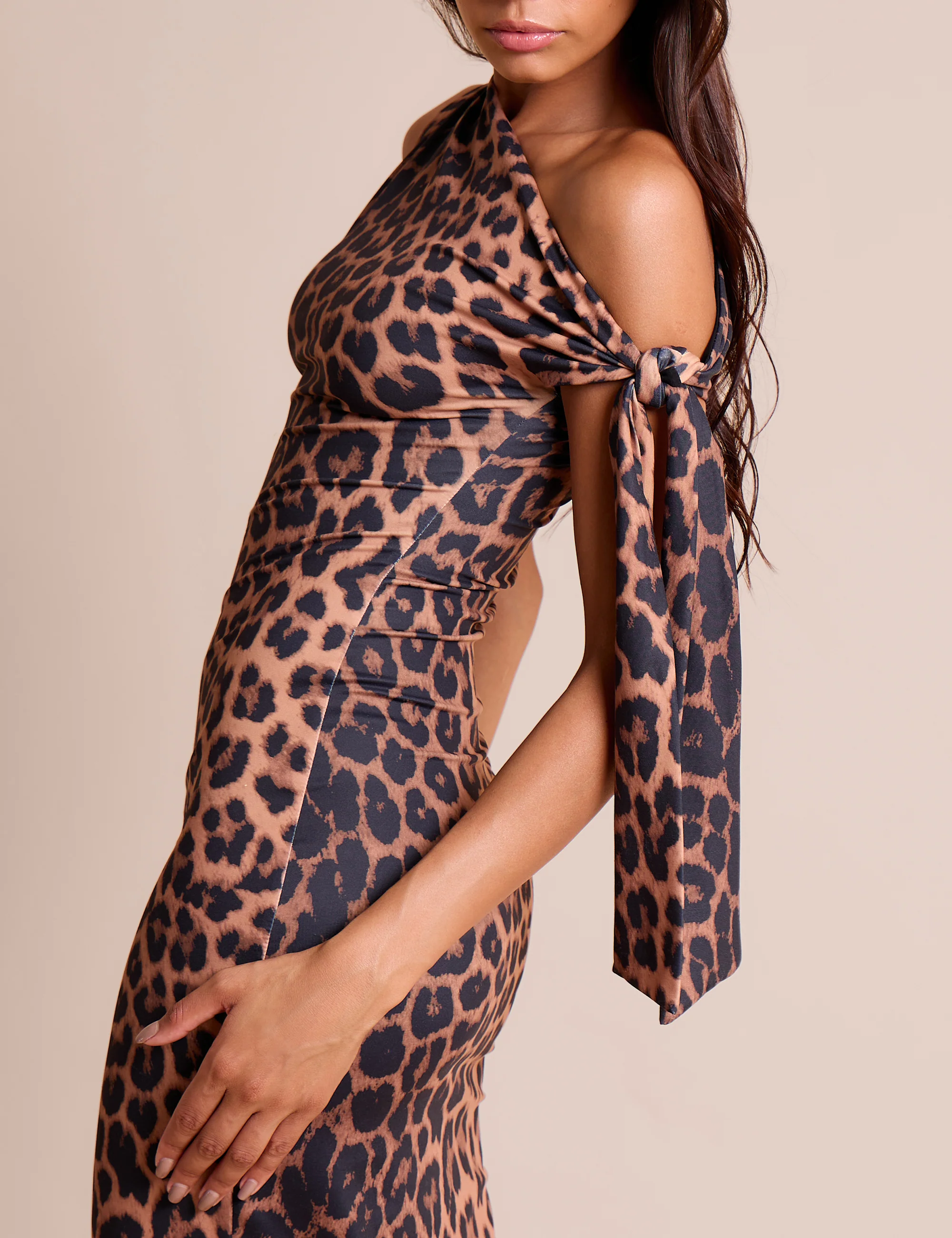Knot Detail Asymmetric One Shoulder Luxe Slinky Maxi Dress Leopard - Image 2