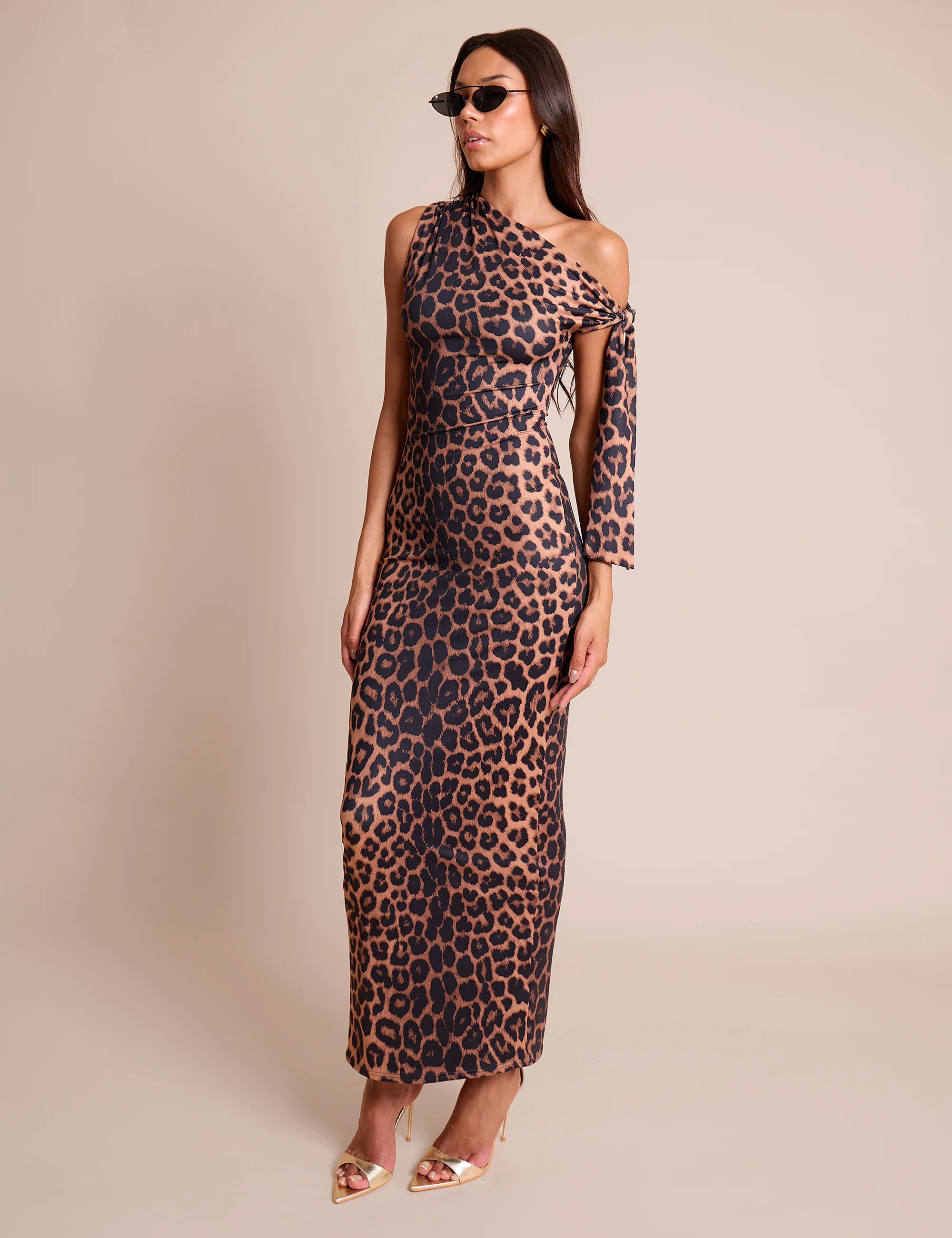 Knot Detail Asymmetric One Shoulder Luxe Slinky Maxi Dress Leopard - Image 3