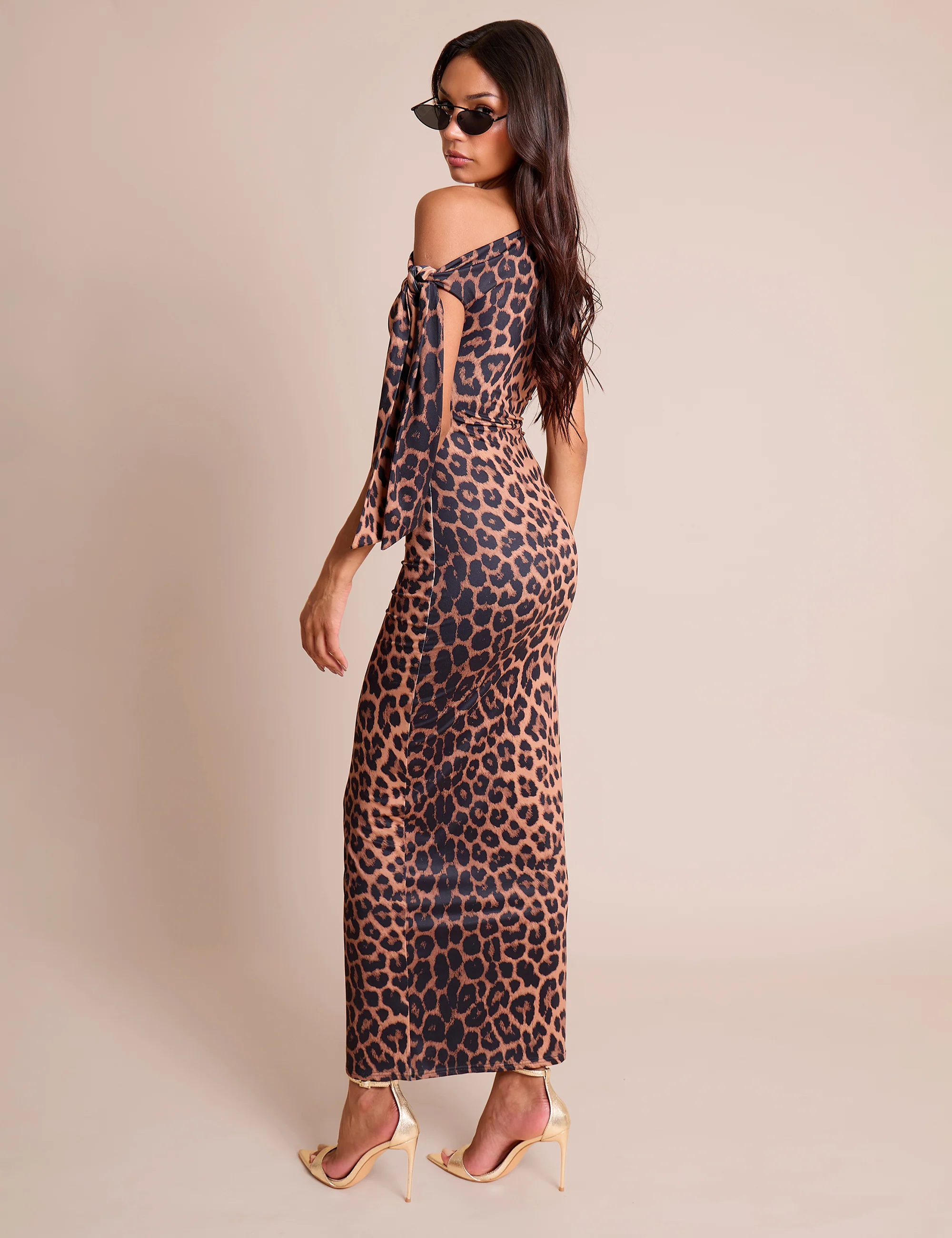 Knot Detail Asymmetric One Shoulder Luxe Slinky Maxi Dress Leopard - Image 4