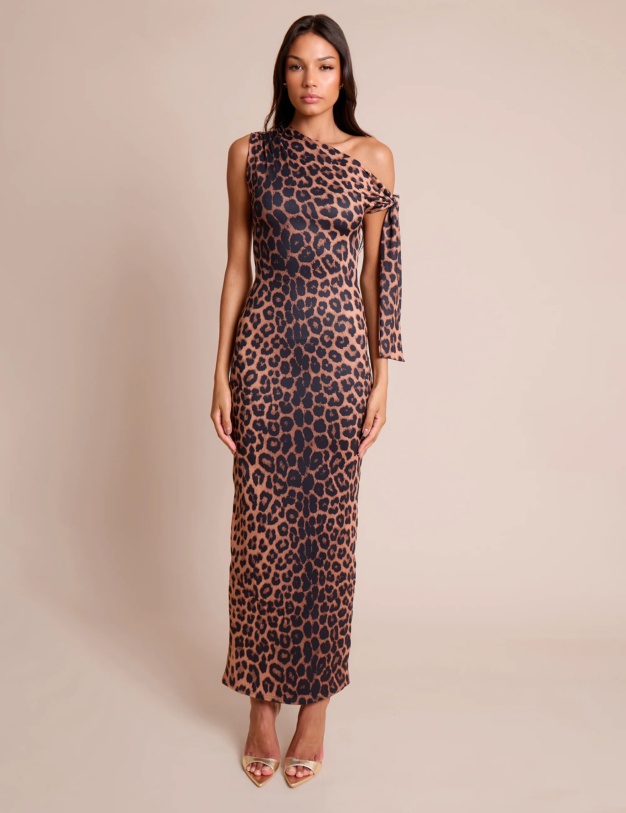 Knot Detail Asymmetric One Shoulder Luxe Slinky Maxi Dress Leopard - Image 5