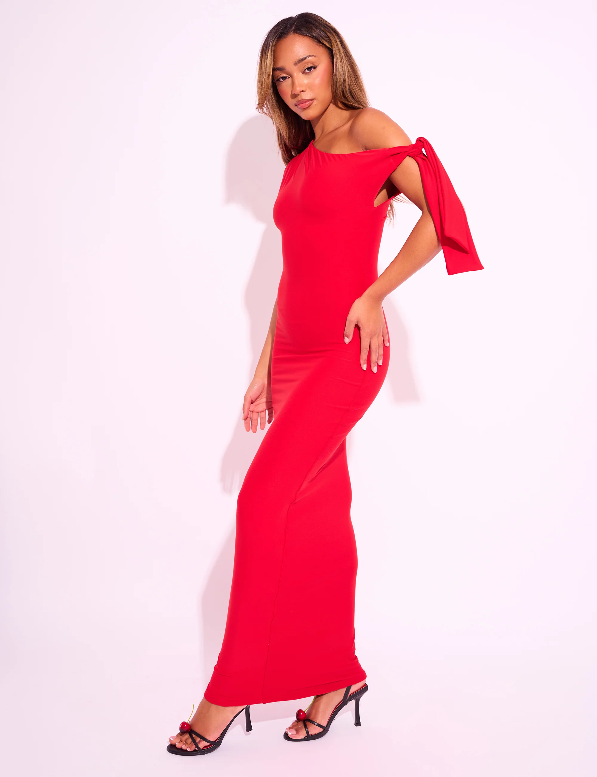 Knot Detail Asymmetric One Shoulder Luxe Slinky Maxi Dress Red - Image 3