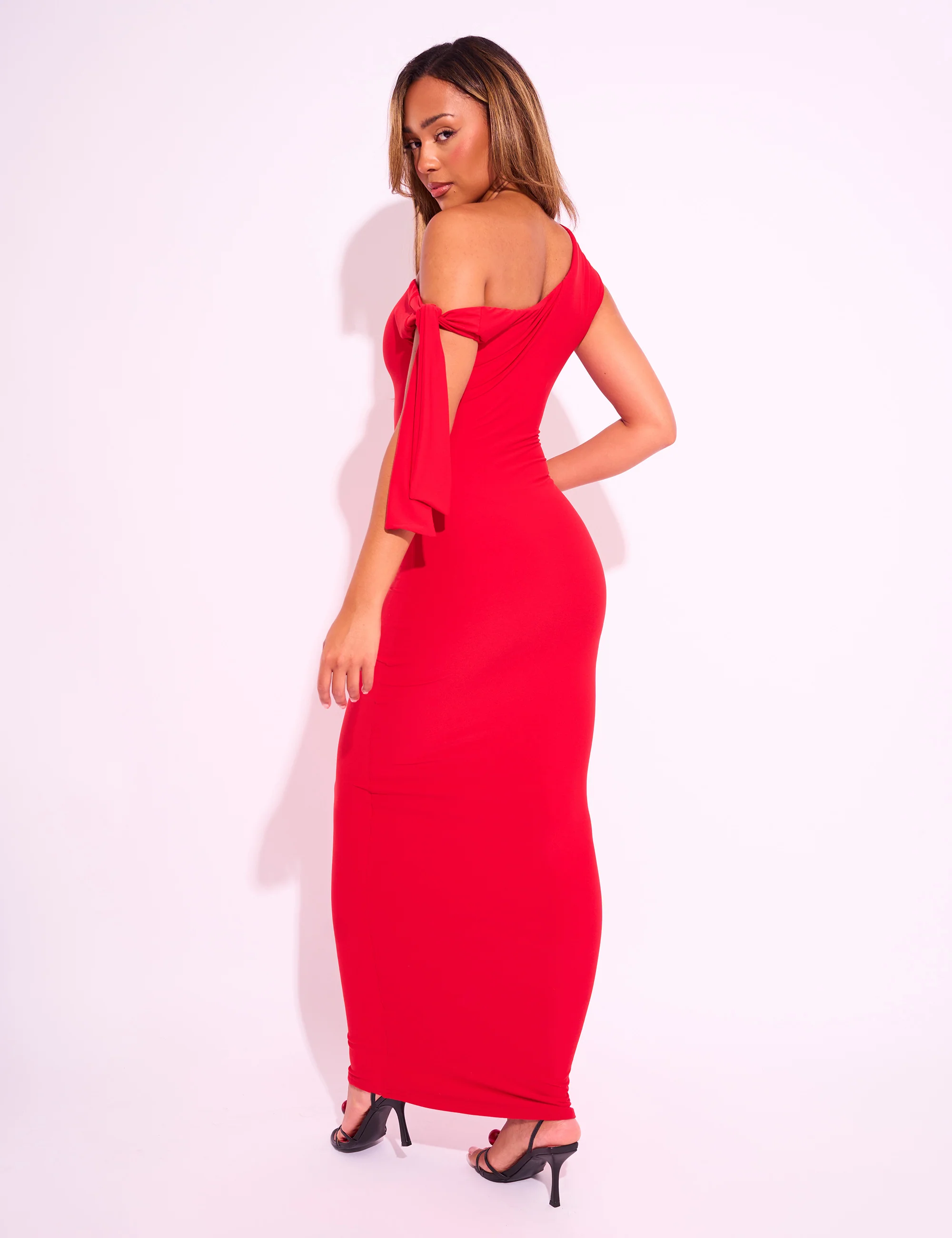 Knot Detail Asymmetric One Shoulder Luxe Slinky Maxi Dress Red - Image 4
