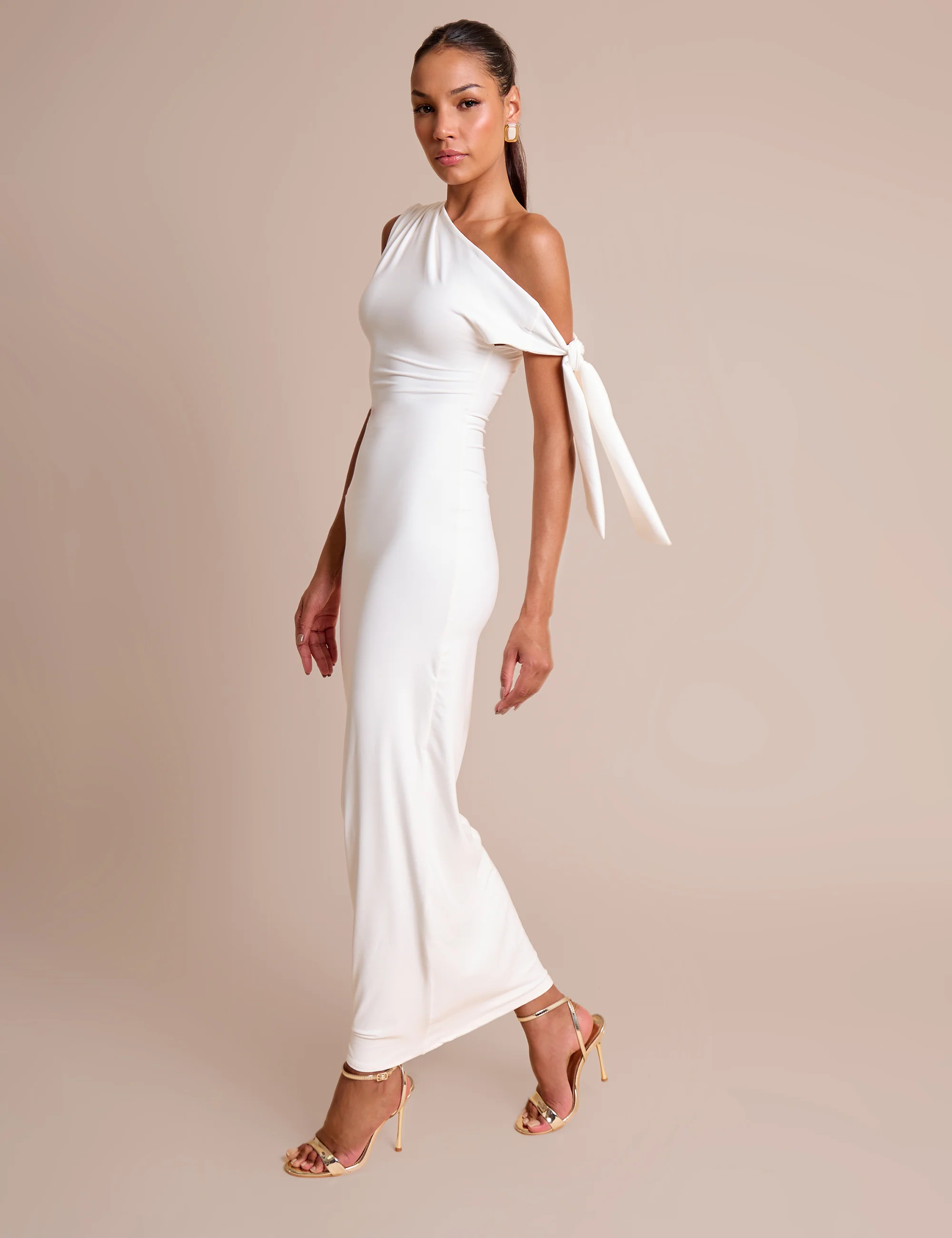Knot Detail Asymmetric One Shoulder Luxe Slinky Maxi Dress White - Image 3