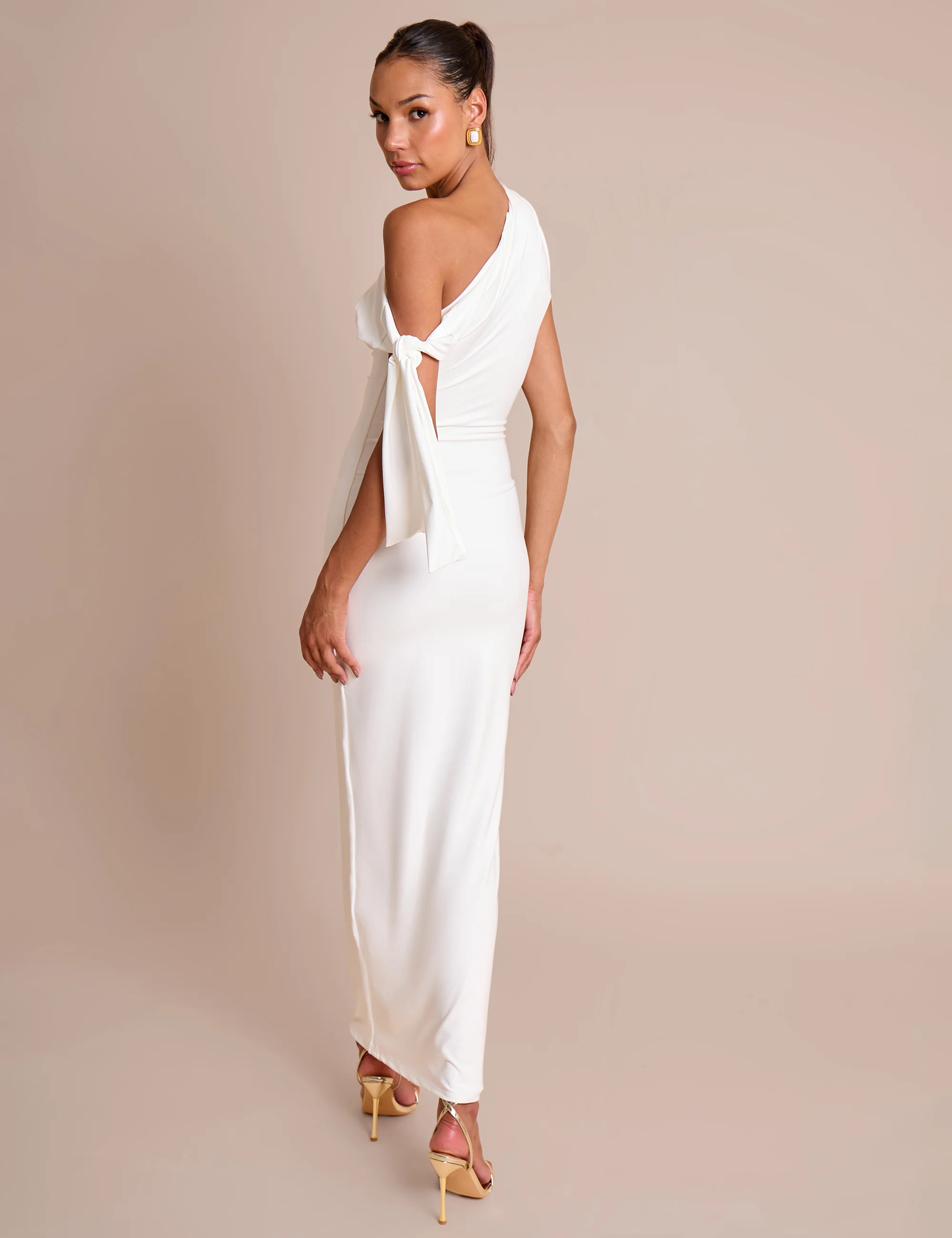 Knot Detail Asymmetric One Shoulder Luxe Slinky Maxi Dress White - Image 4