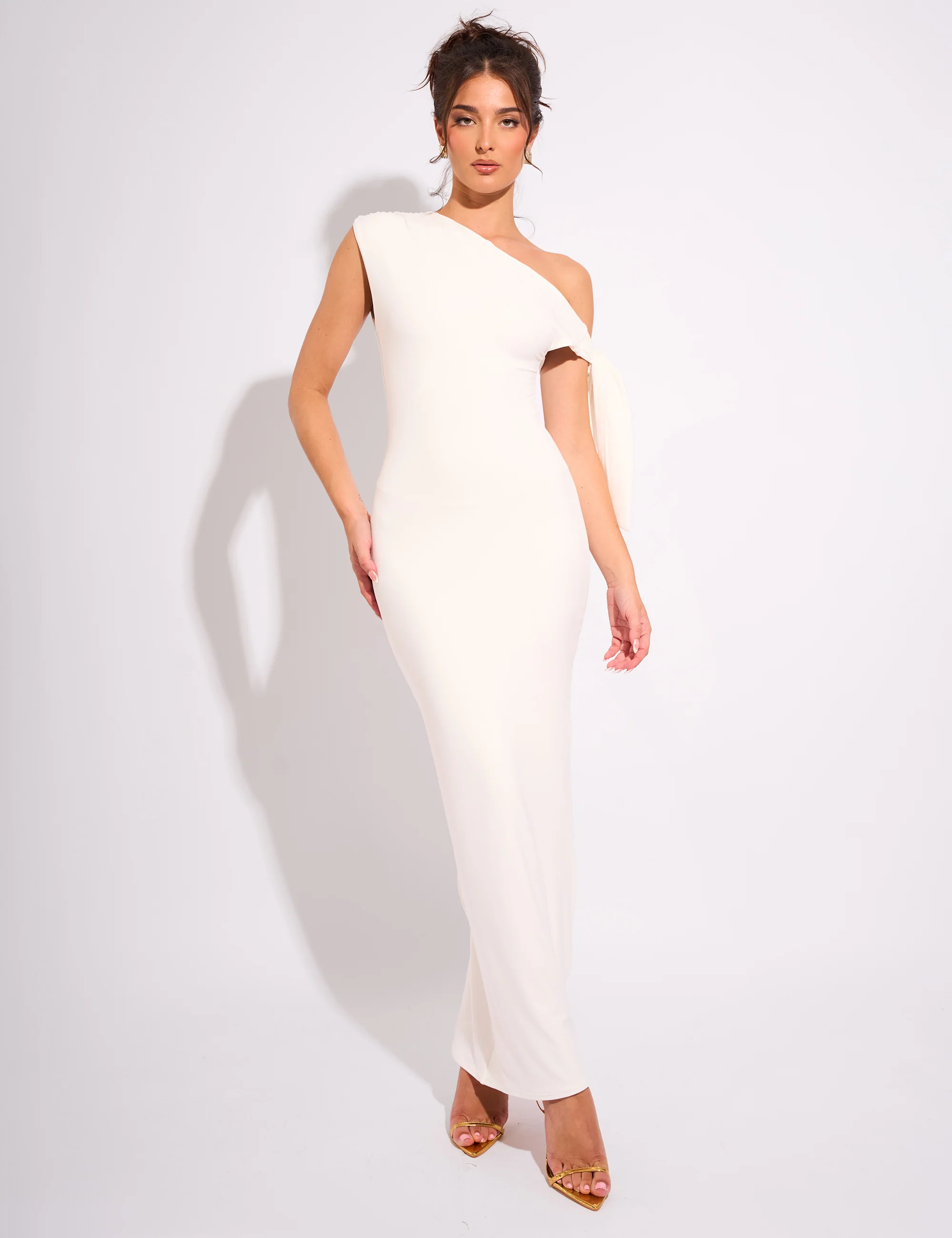 Knot Detail Asymmetric One Shoulder Luxe Slinky Maxi Dress White - Image 5
