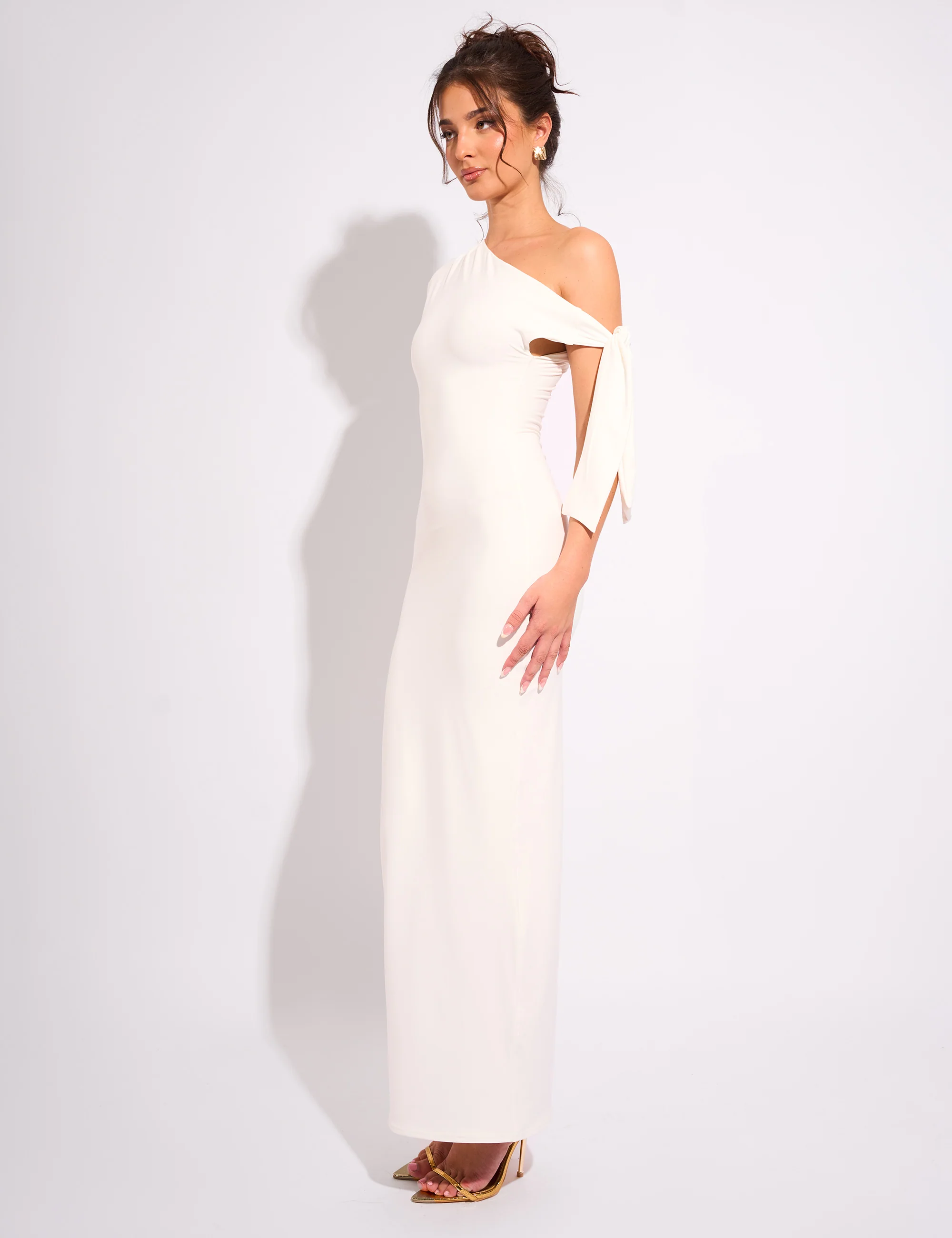 Knot Detail Asymmetric One Shoulder Luxe Slinky Maxi Dress White - Image 6