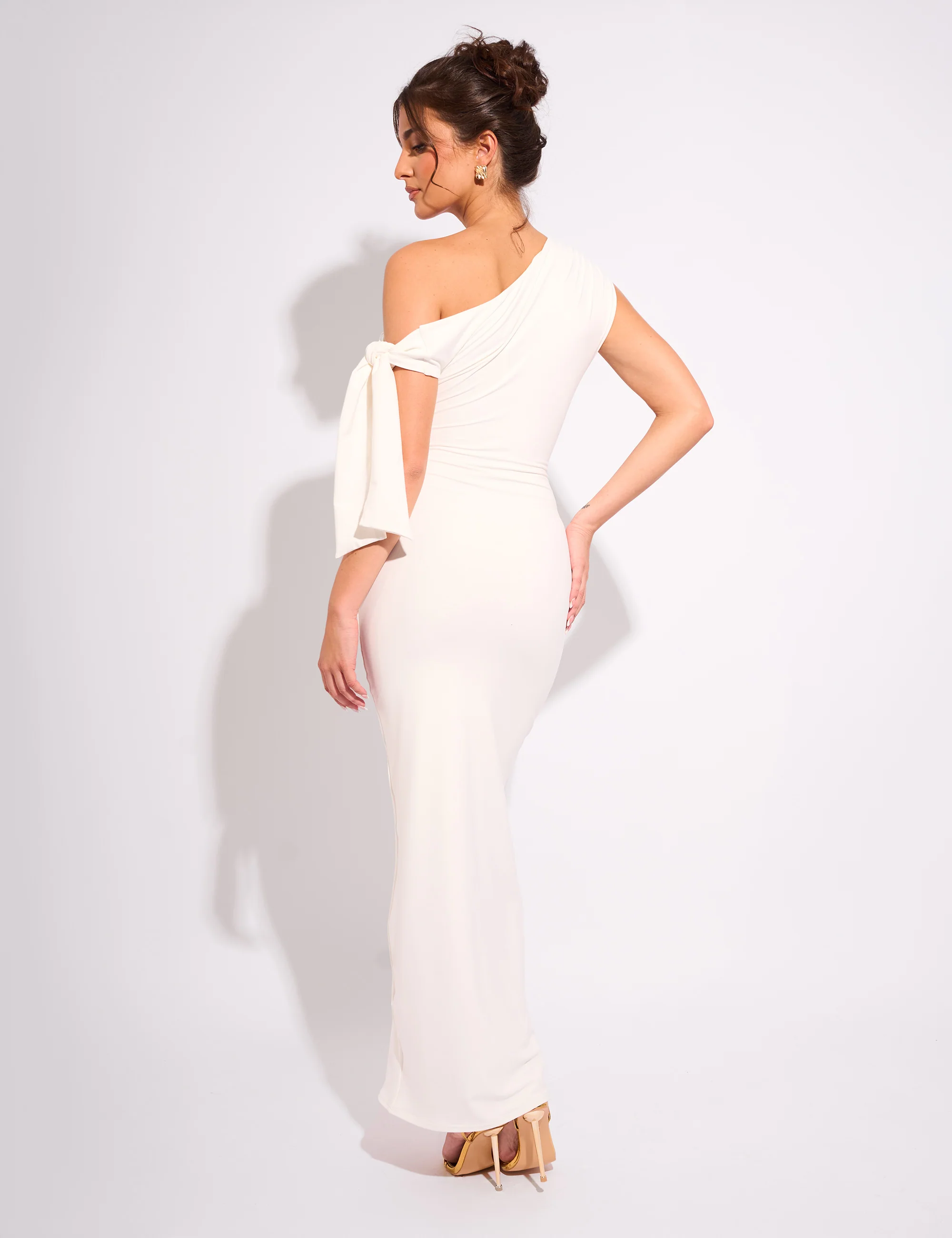 Knot Detail Asymmetric One Shoulder Luxe Slinky Maxi Dress White - Image 7