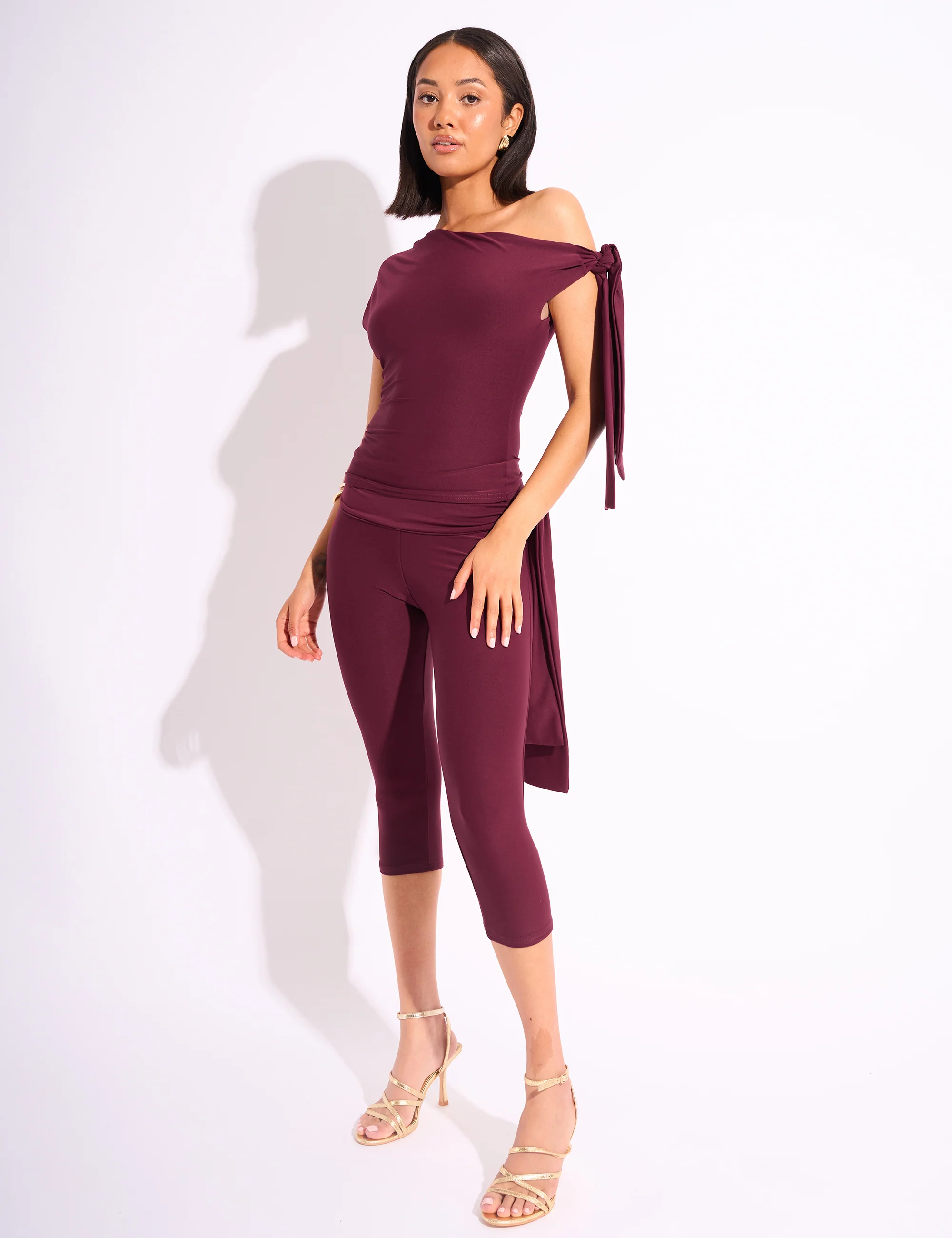Knot Detail Asymmetric One Shoulder Luxe Slinky Top Burgundy - Image 7