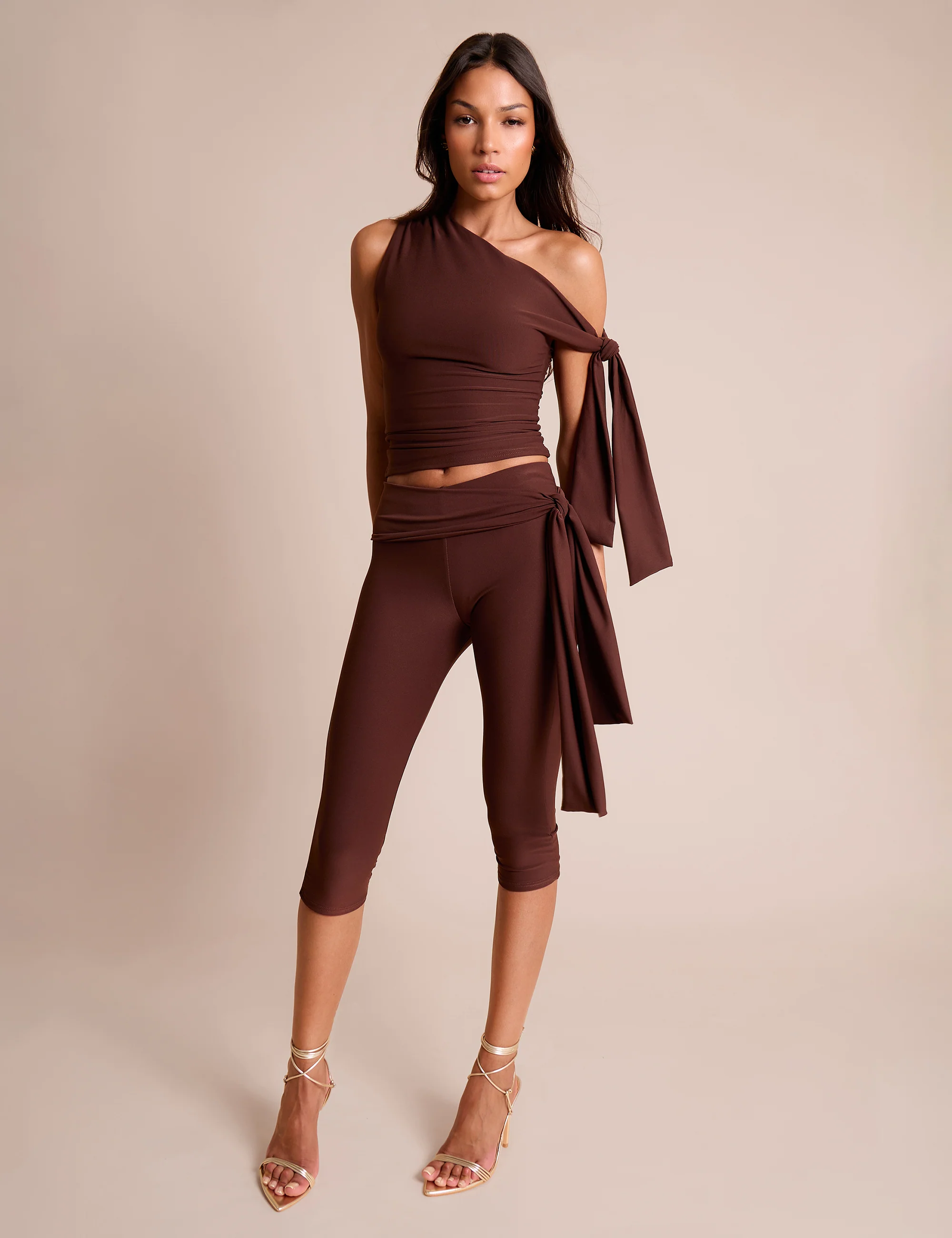 Knot Detail Asymmetric One Shoulder Luxe Slinky Top Chocolate - Image 3