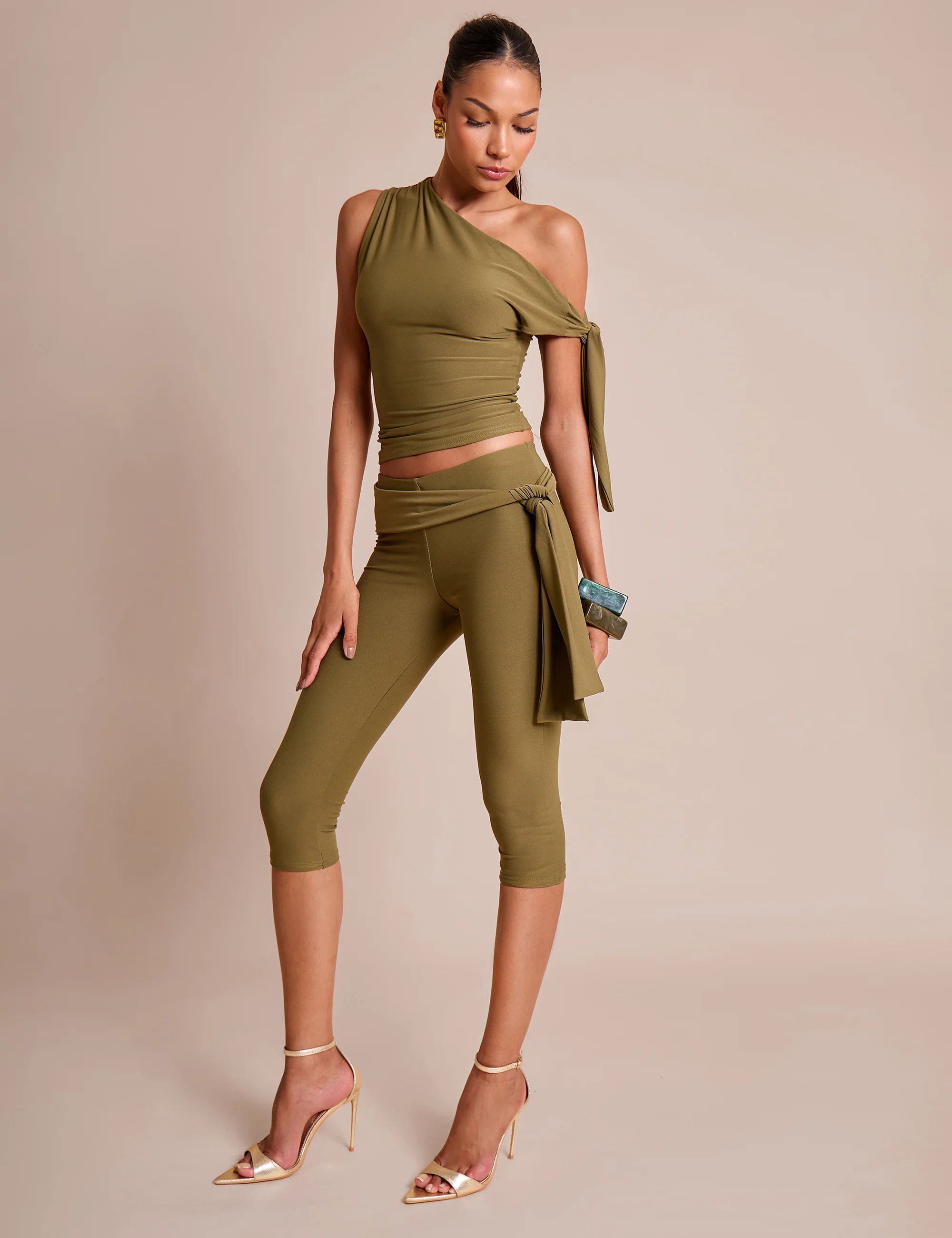 Knot Detail Asymmetric One Shoulder Luxe Slinky Top Khaki - Image 3