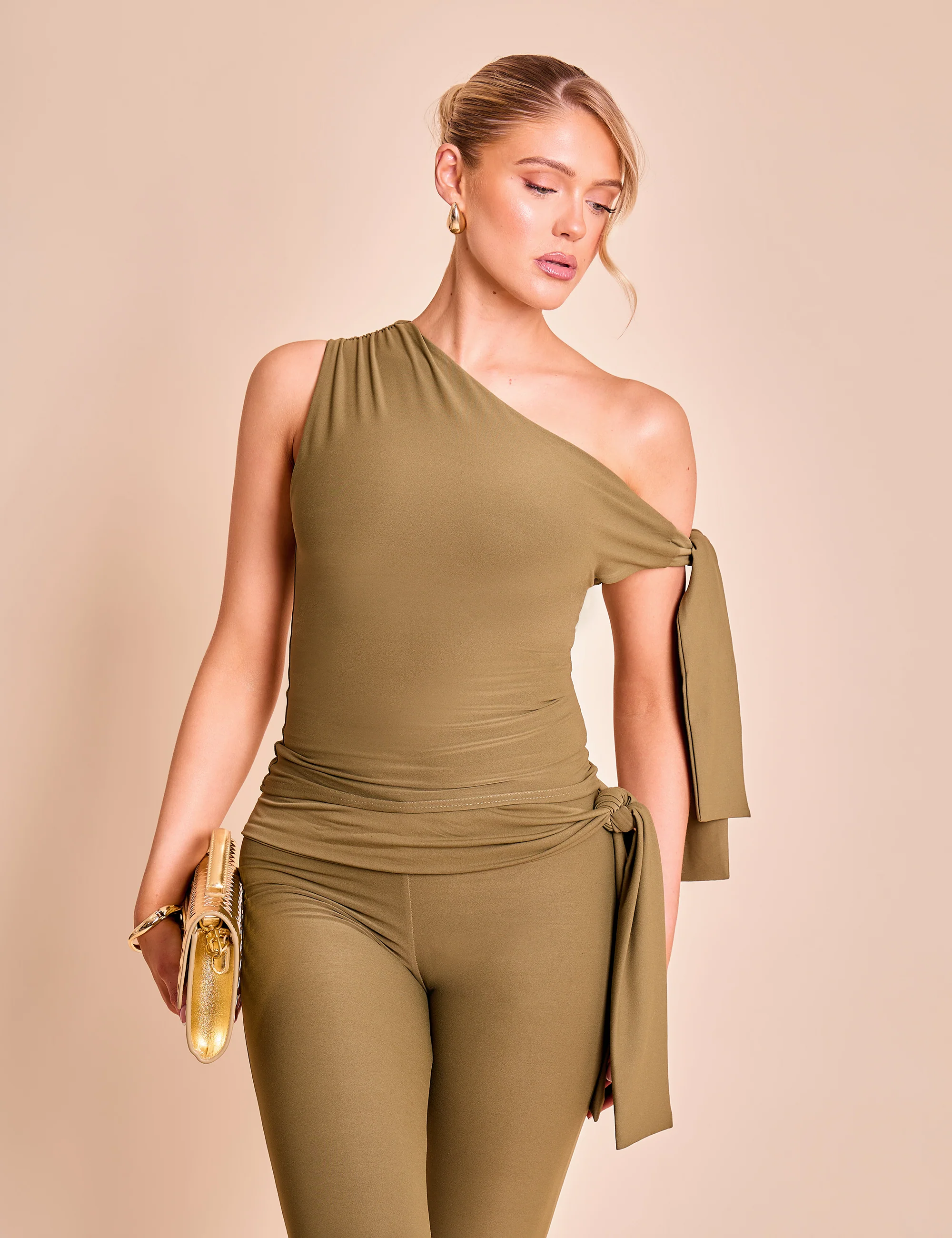 Knot Detail Asymmetric One Shoulder Luxe Slinky Top Khaki - Image 8