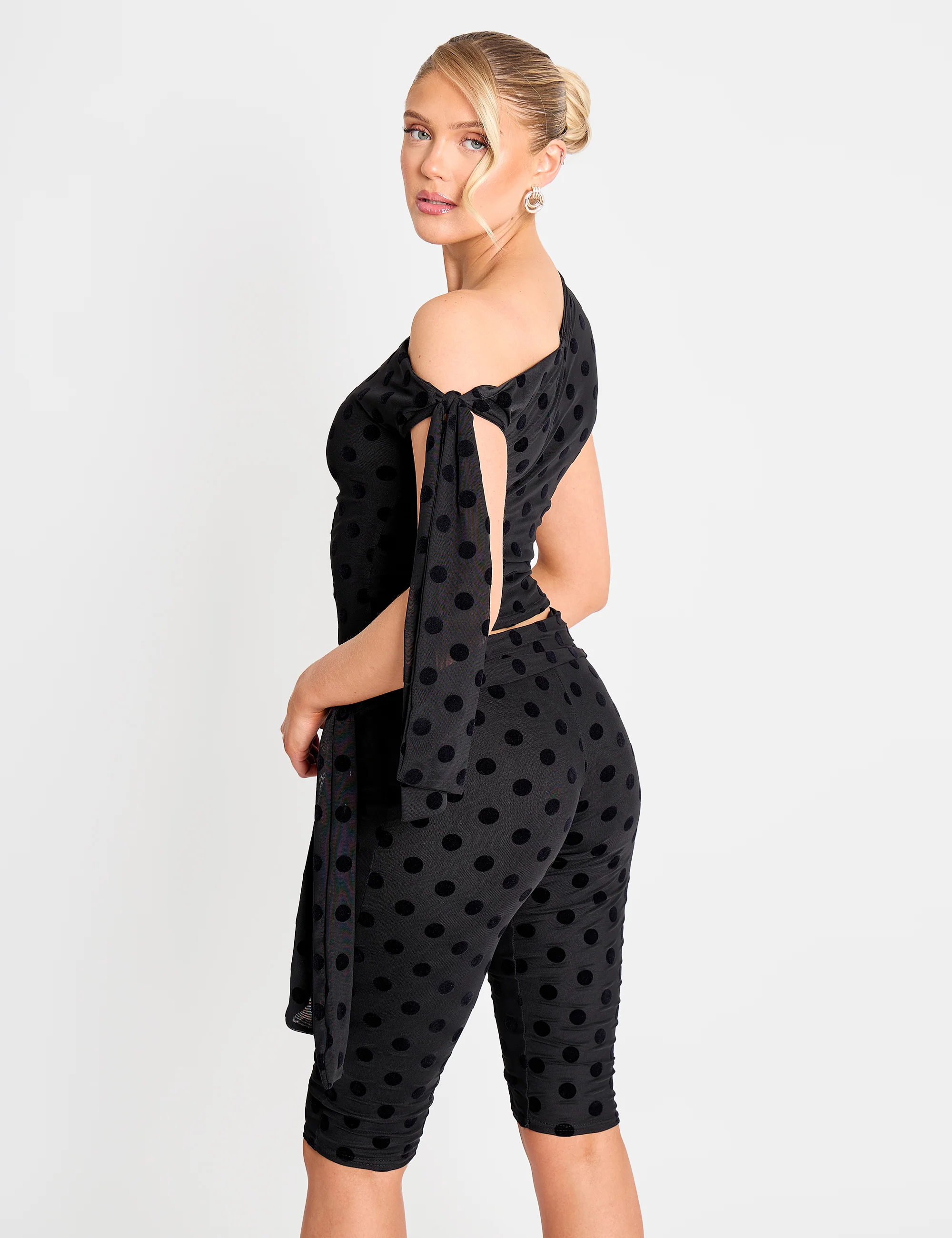 Knot Detail Asymmetric One Shoulder Polka Dot Devore Top Black - Image 2