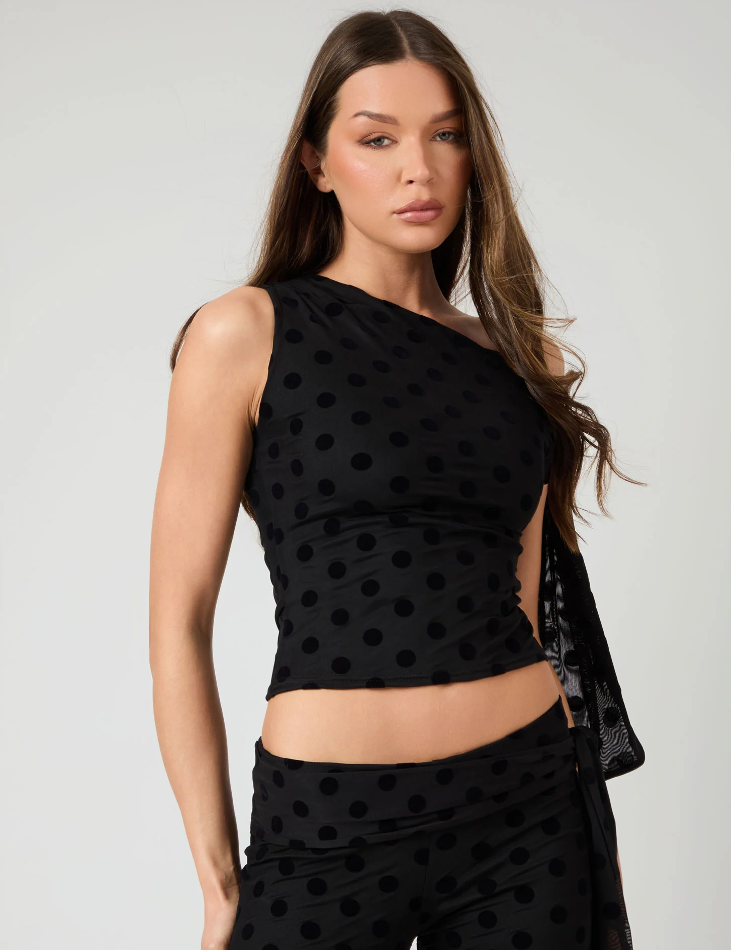 Knot Detail Asymmetric One Shoulder Polka Dot Devore Top Black - Image 5