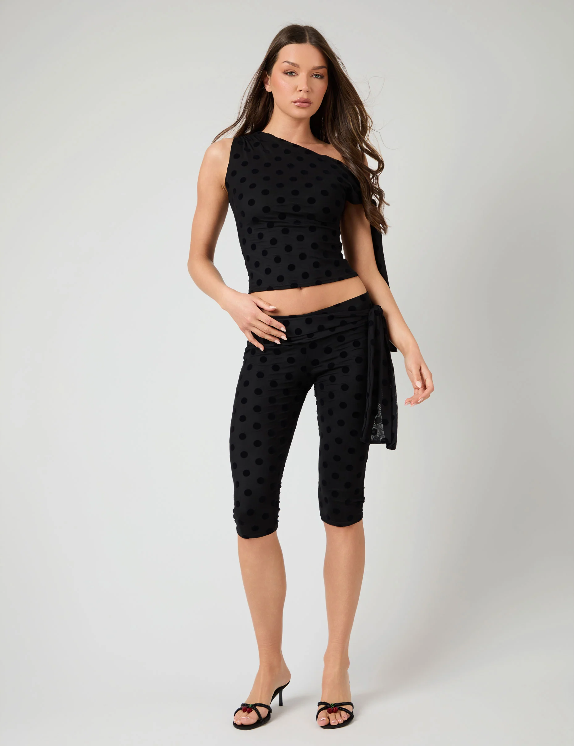Knot Detail Asymmetric One Shoulder Polka Dot Devore Top Black - Image 7