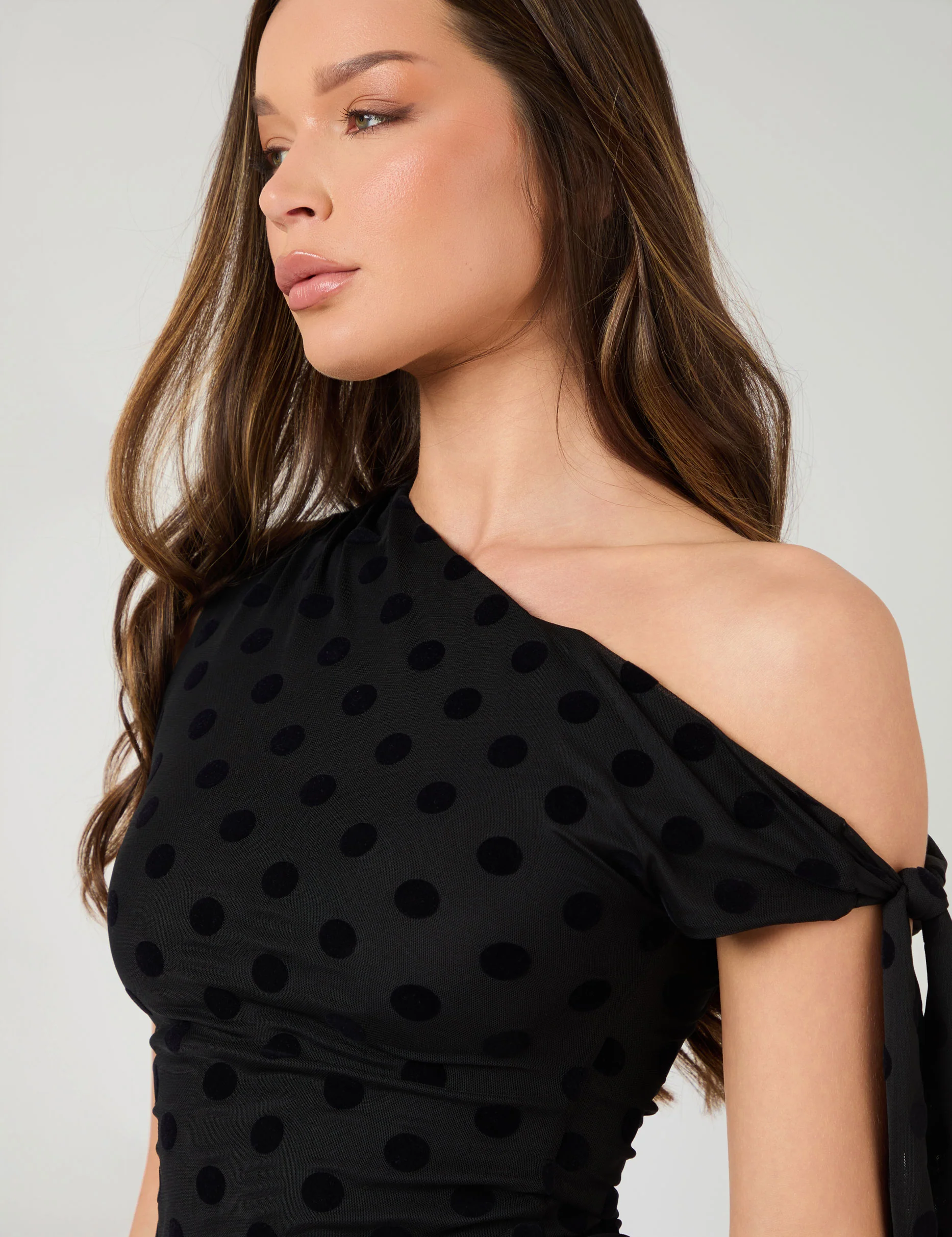 Knot Detail Asymmetric One Shoulder Polka Dot Devore Top Black - Image 8