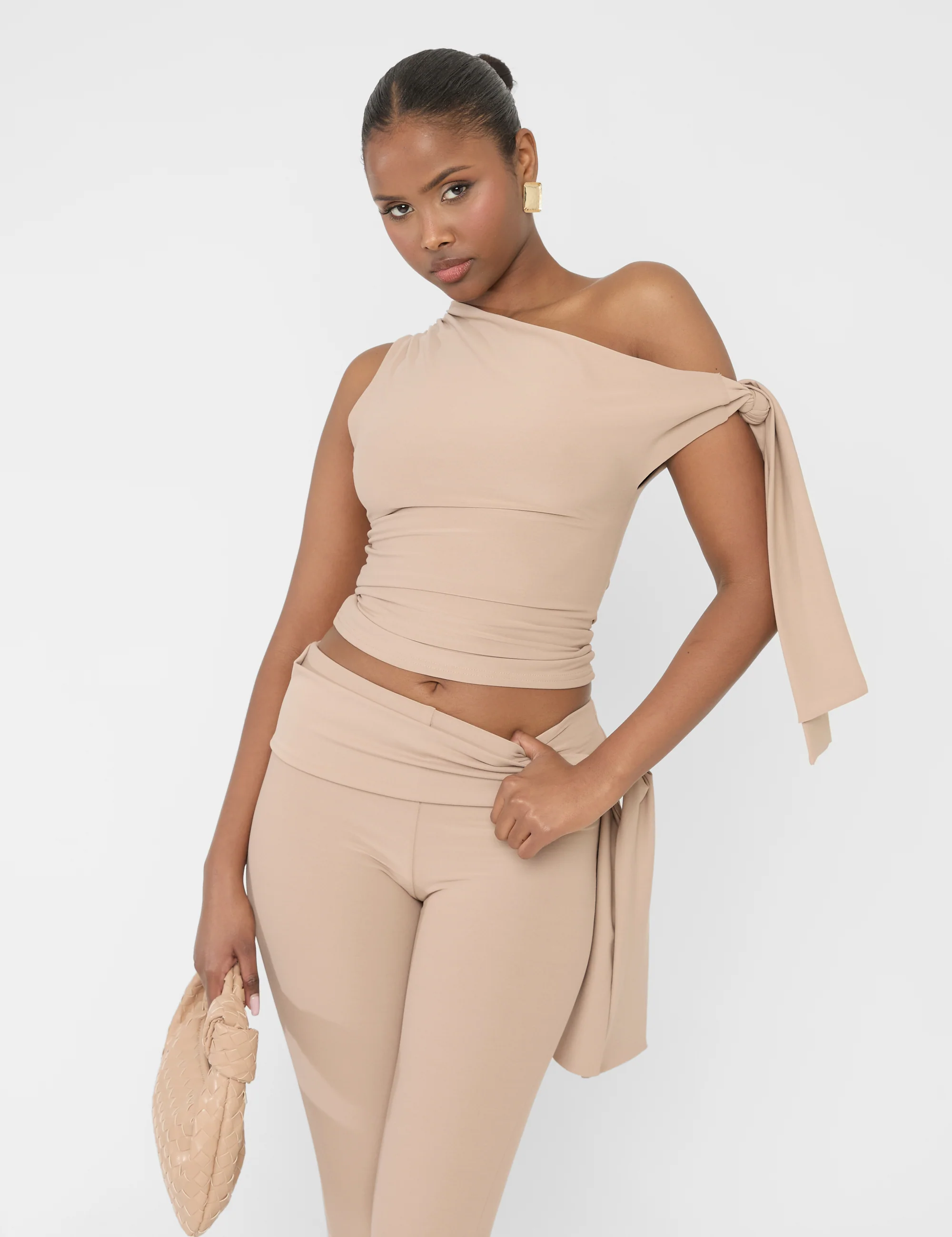 Knot Detail Asymmetric One Shoulder Luxe Slinky Top Latte - Image 3