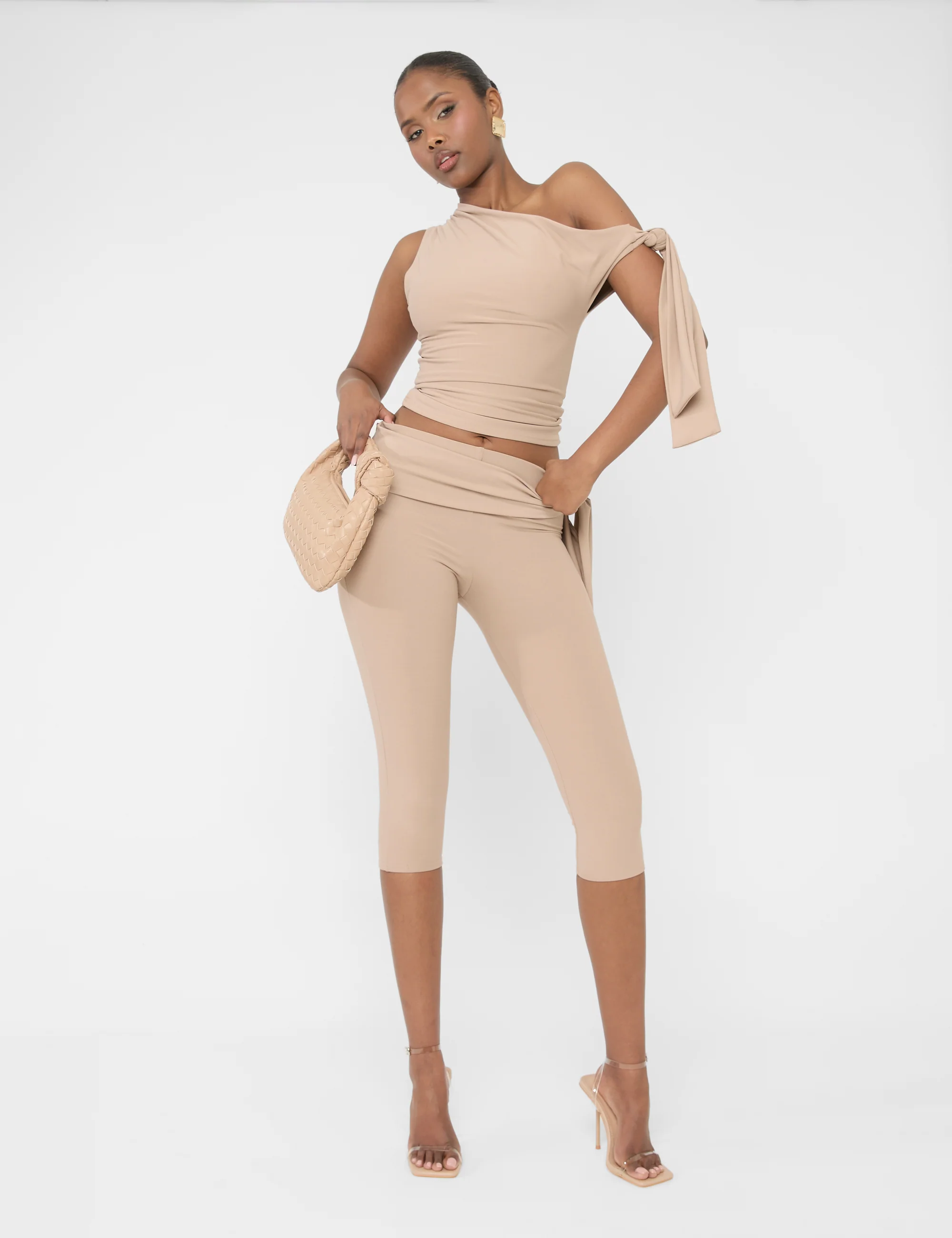 Knot Detail Asymmetric One Shoulder Luxe Slinky Top Latte - Image 4