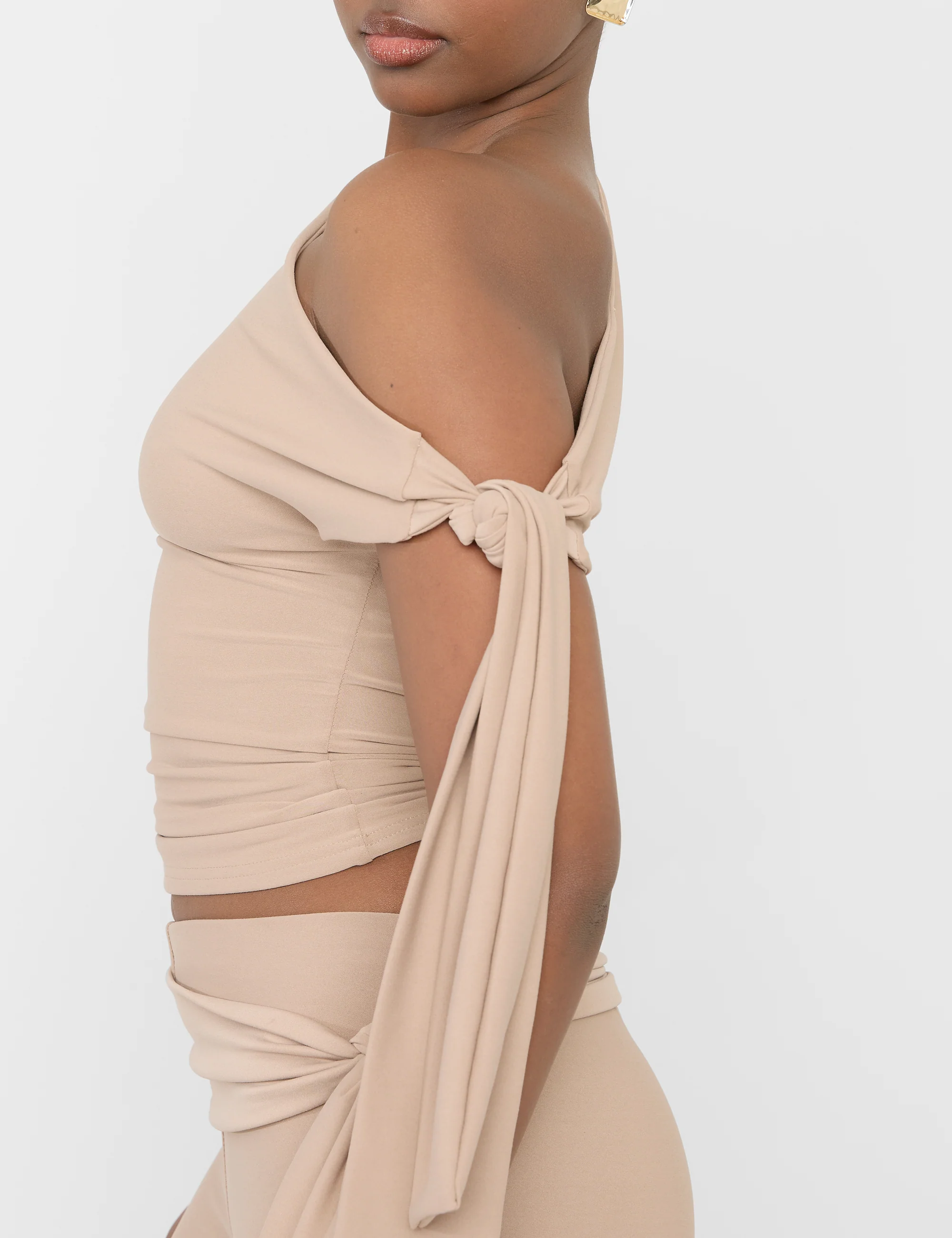 Knot Detail Asymmetric One Shoulder Luxe Slinky Top Latte - Image 6