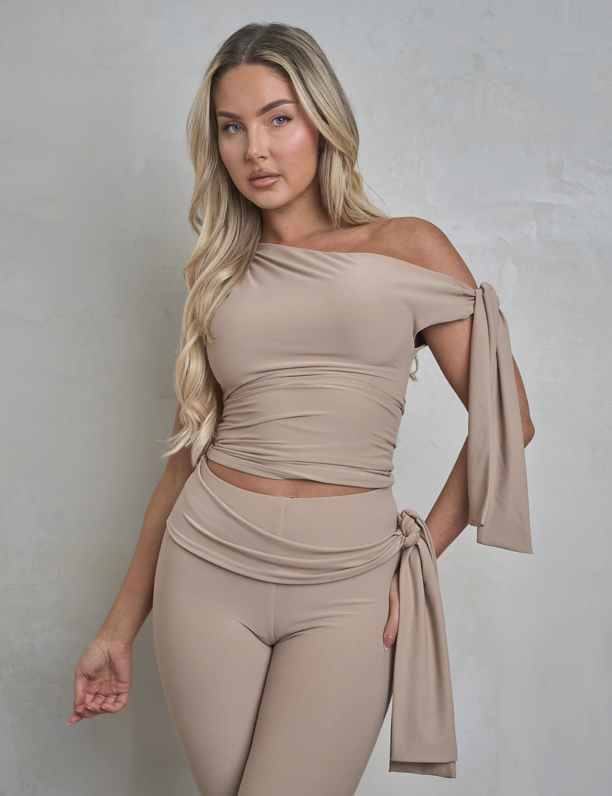 Knot Detail Asymmetric One Shoulder Luxe Slinky Top Latte - Image 7