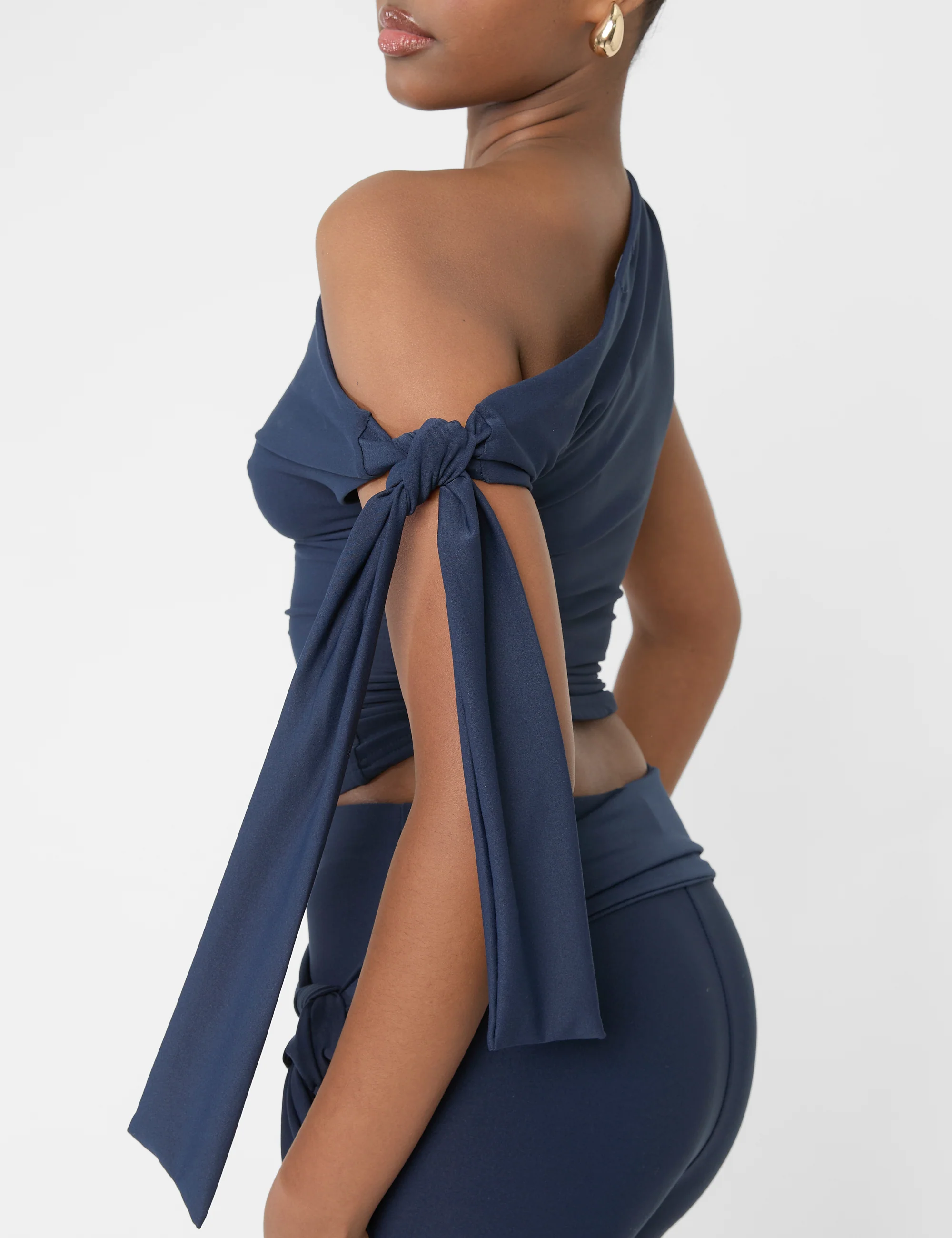 Knot Detail Asymmetric One Shoulder Luxe Slinky Top Navy - Image 10