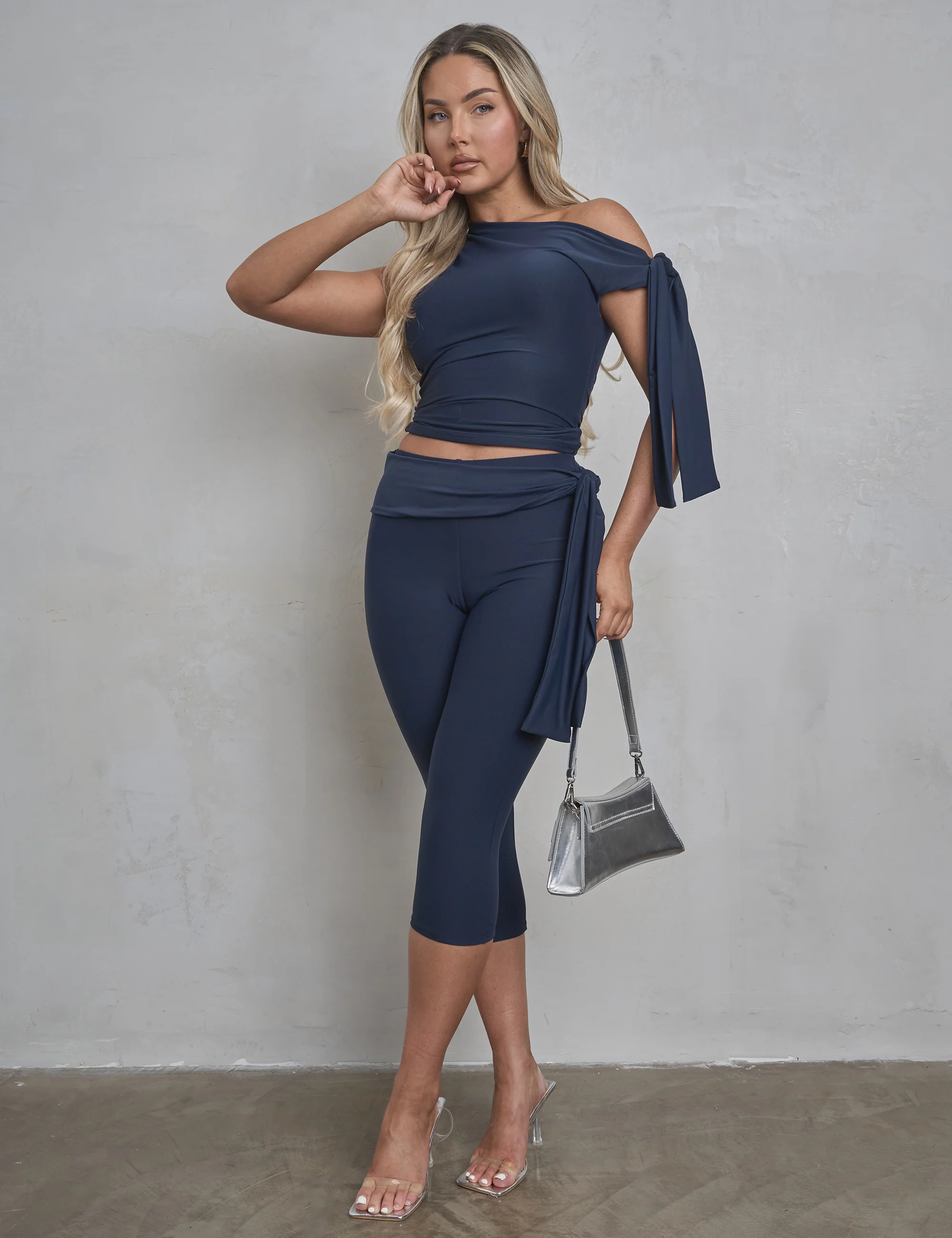 Knot Detail Asymmetric One Shoulder Luxe Slinky Top Navy - Image 14