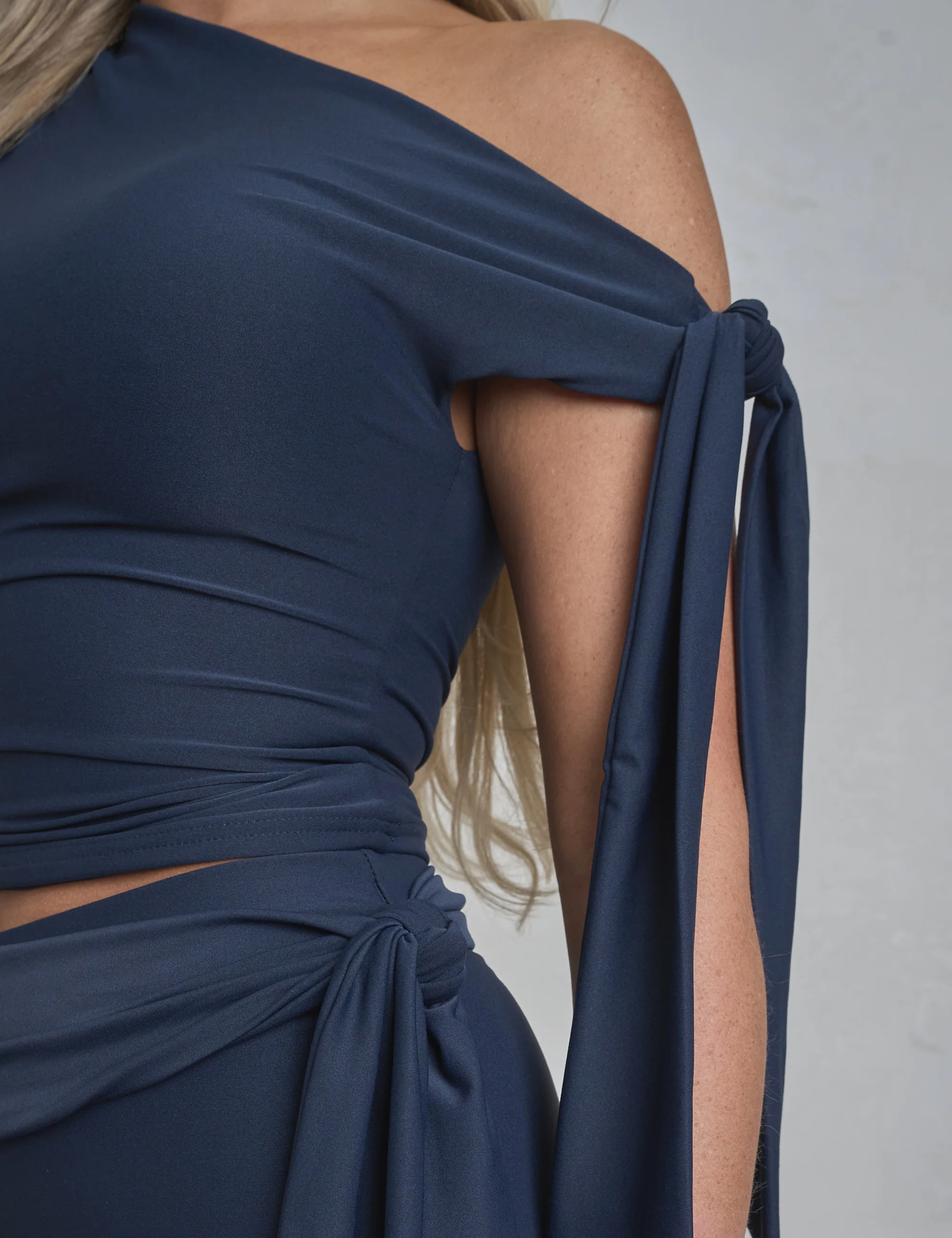 Knot Detail Asymmetric One Shoulder Luxe Slinky Top Navy - Image 15